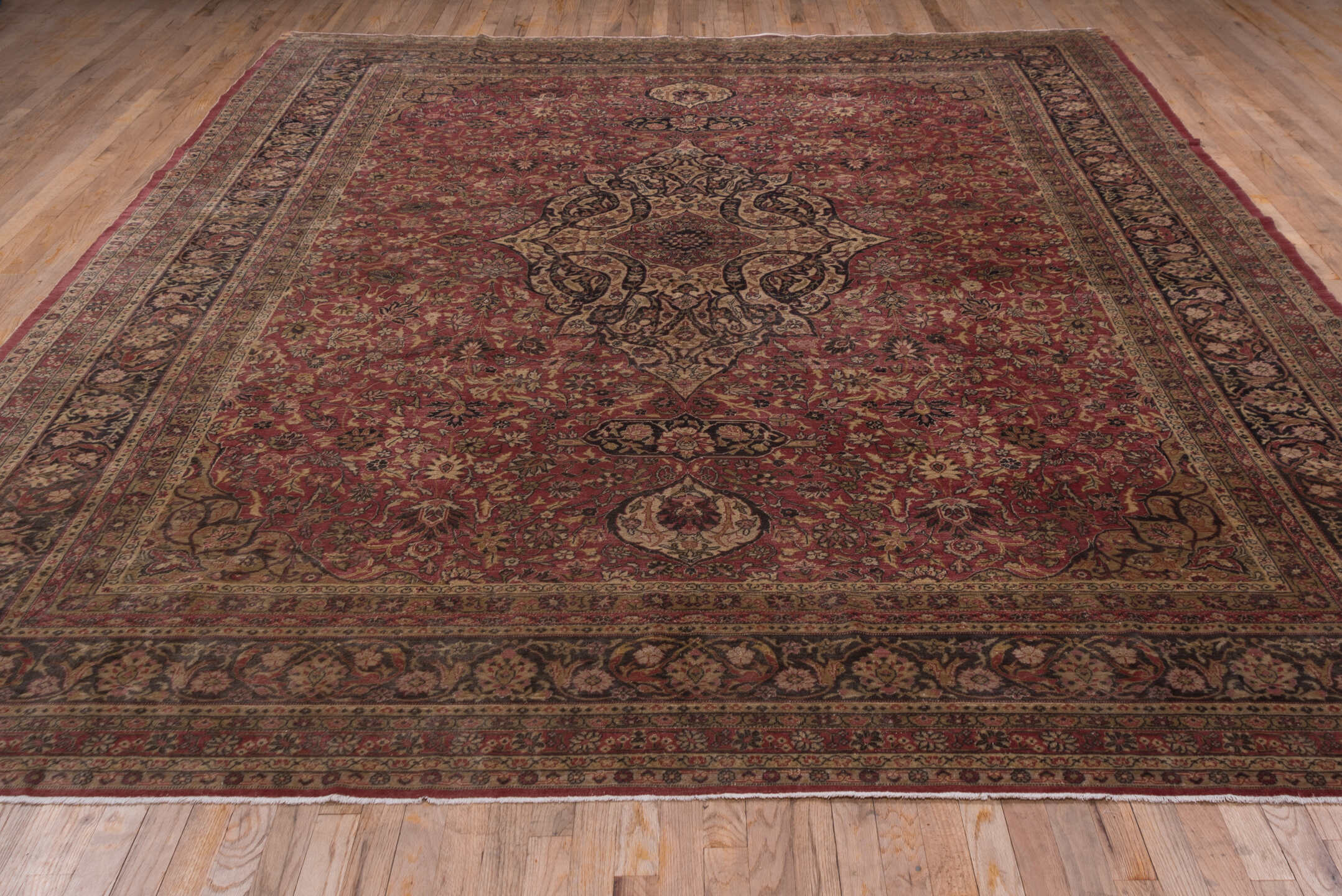 9' x 12' one-of-a-kind handmade antique Sivas large size rug. Color palette: rose, ivory, navy, burgundy, taupe, gold, camel
