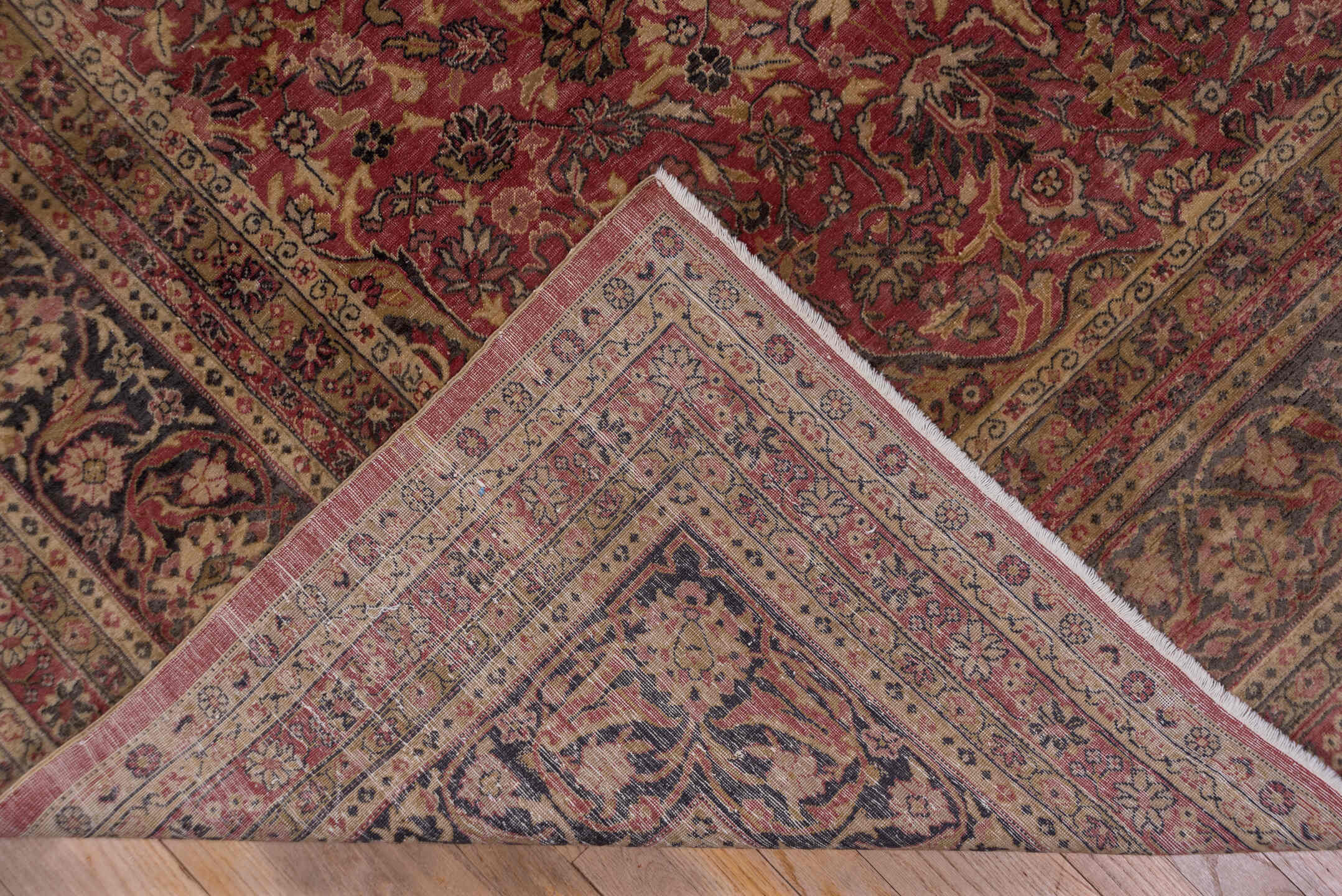 9' x 12' one-of-a-kind handmade antique Sivas large size rug. Color palette: rose, ivory, navy, burgundy, taupe, gold, camel