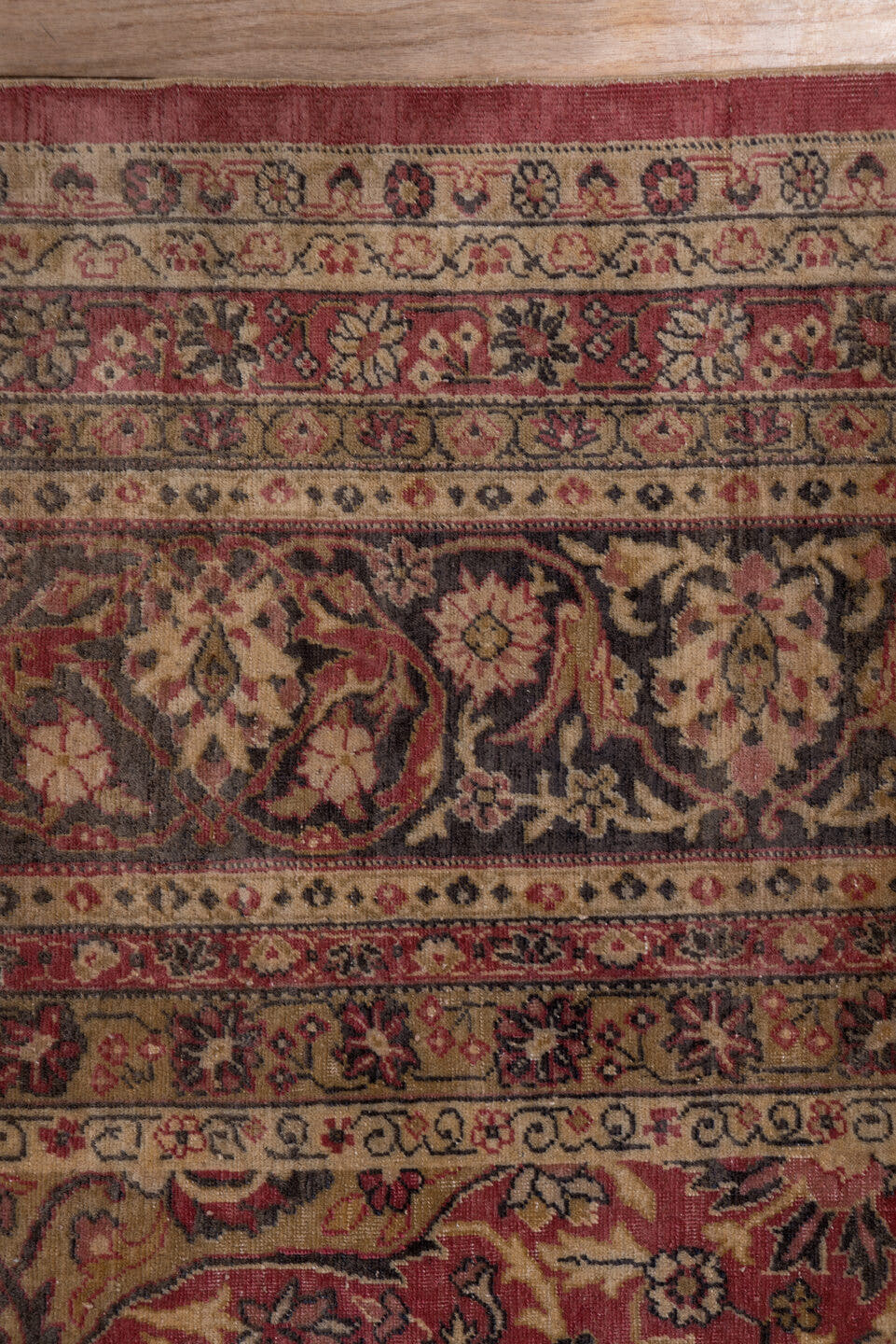9' x 12' one-of-a-kind handmade antique Sivas large size rug. Color palette: rose, ivory, navy, burgundy, taupe, gold, camel