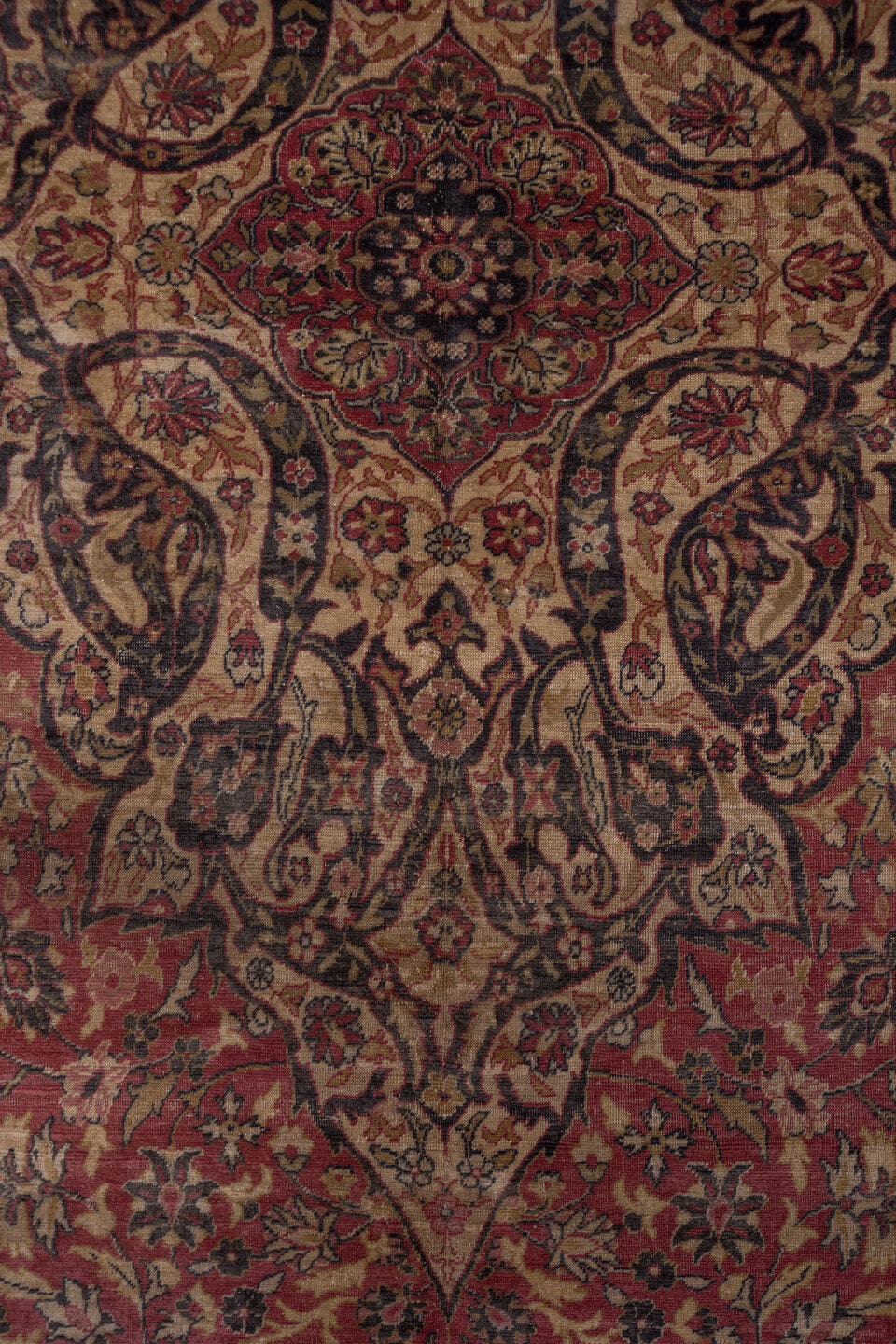 9' x 12' one-of-a-kind handmade antique Sivas large size rug. Color palette: rose, ivory, navy, burgundy, taupe, gold, camel