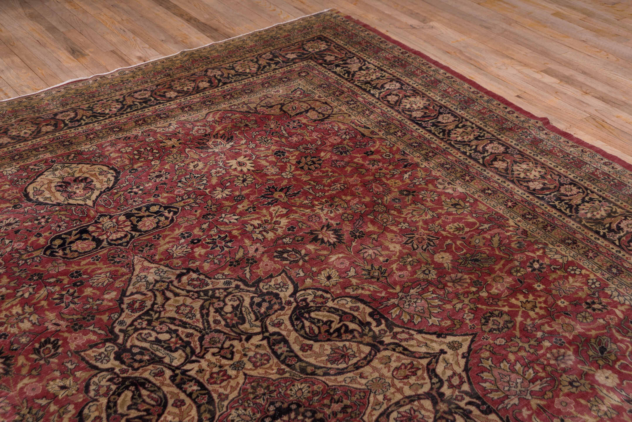 9' x 12' one-of-a-kind handmade antique Sivas large size rug. Color palette: rose, ivory, navy, burgundy, taupe, gold, camel
