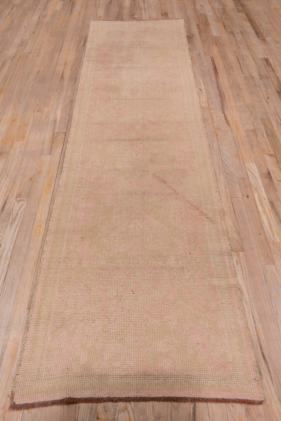 2' x 10' one-of-a-kind handmade vintage Oushak runner rug. Color palette: brown, off-white, pink, snow, white, whitesmoke