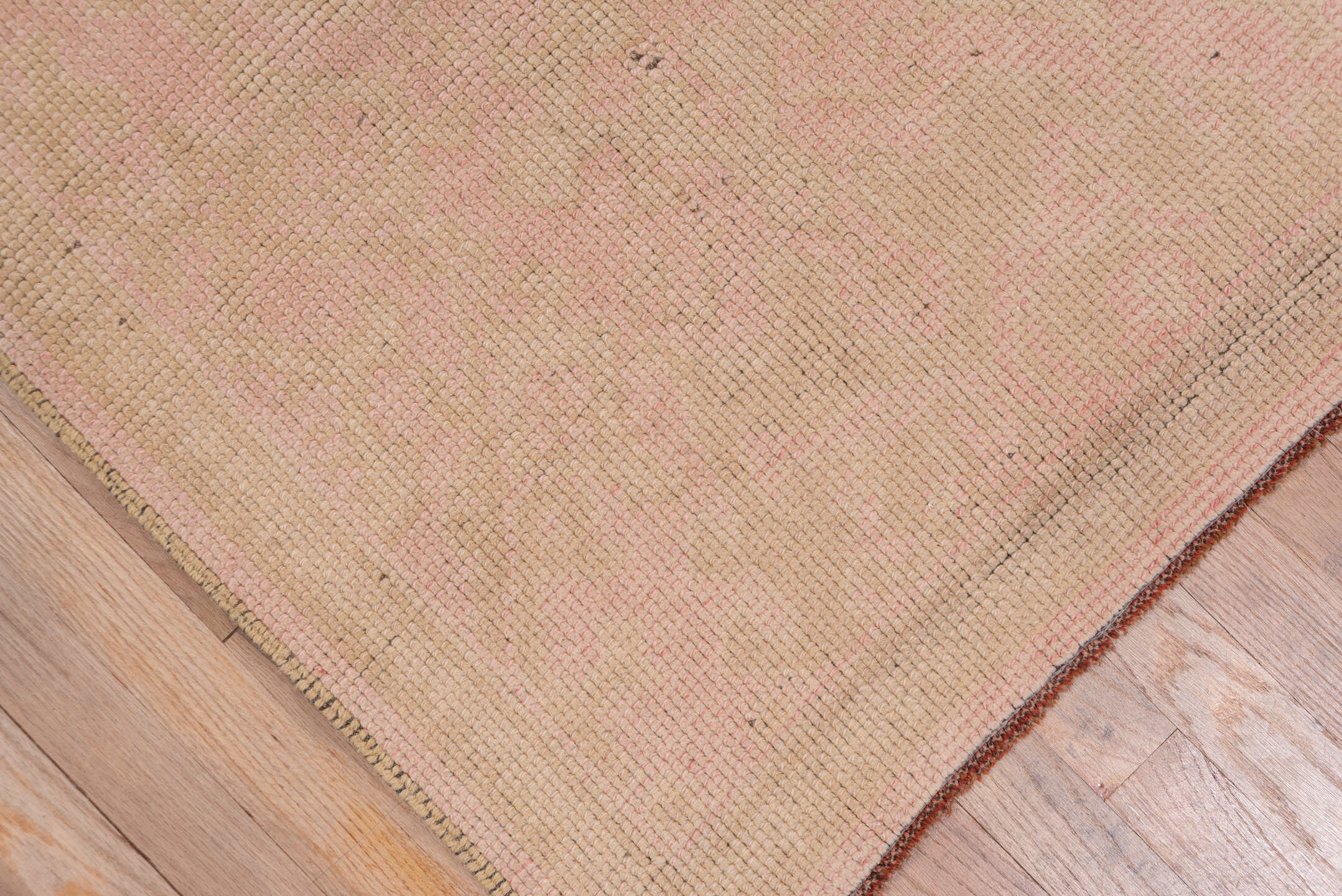2' x 10' one-of-a-kind handmade vintage Oushak runner rug. Color palette: brown, off-white, pink, snow, white, whitesmoke