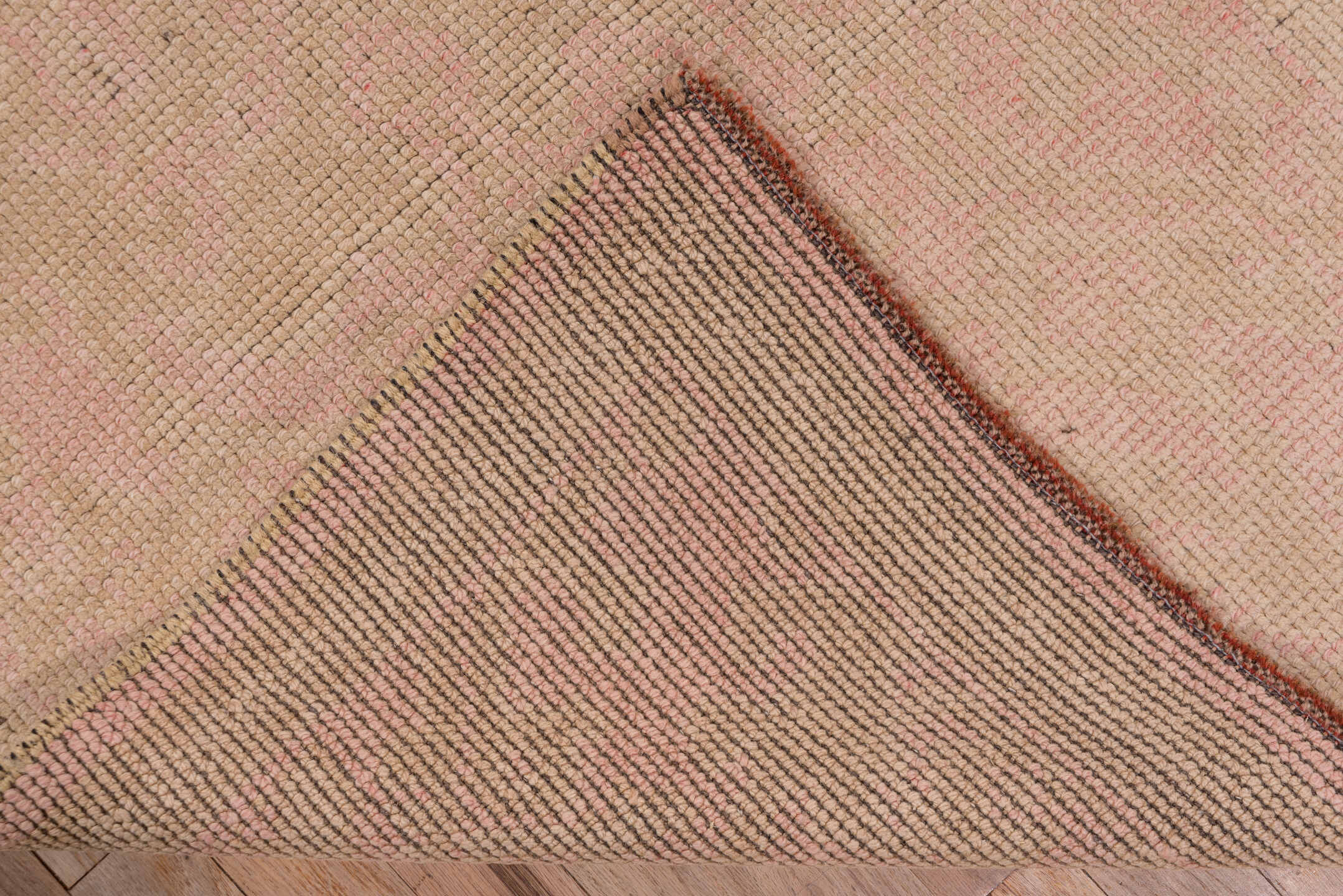 2' x 10' one-of-a-kind handmade vintage Oushak runner rug. Color palette: brown, off-white, pink, snow, white, whitesmoke