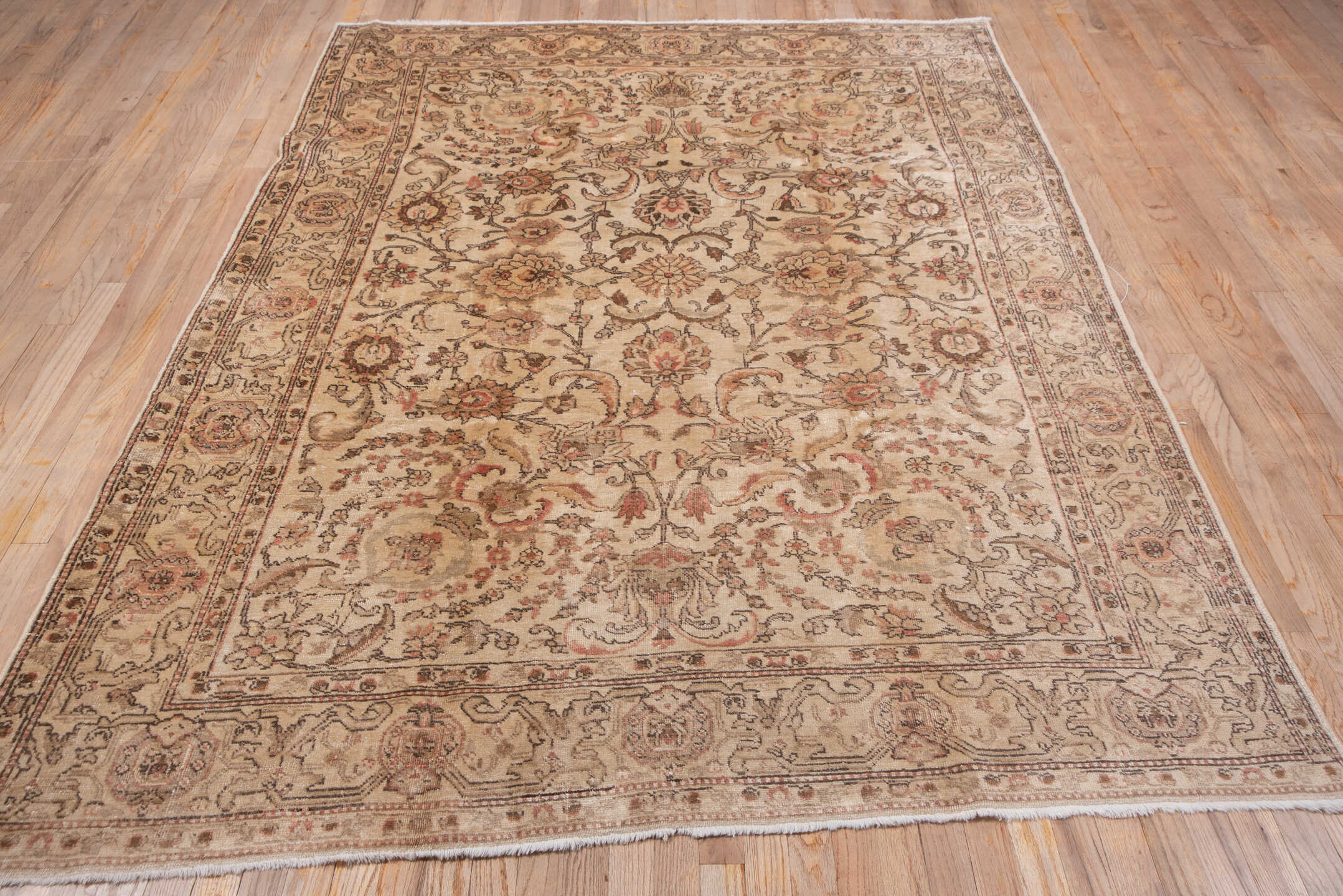 6' x 8' one-of-a-kind handmade vintage Tabriz medium size rug. Color palette: ivory, taupe, rose, camel, brown, beige, gray