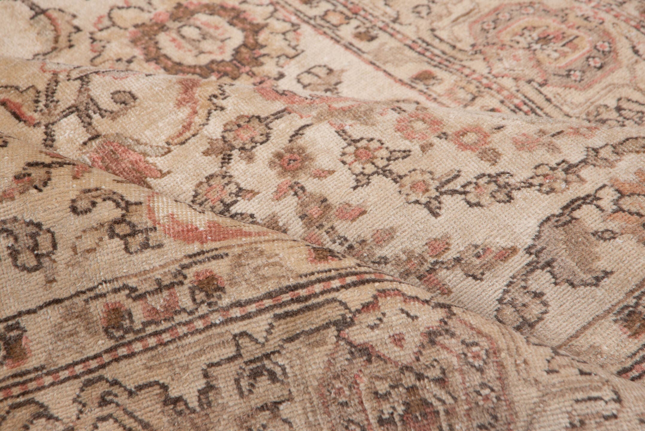 6' x 8' one-of-a-kind handmade vintage Tabriz medium size rug. Color palette: ivory, taupe, rose, camel, brown, beige, gray