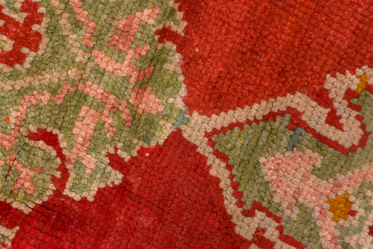 18' x 26' one-of-a-kind handmade antique Oushak oversize rug. Color palette: red, ivory, pale blue, gold, rust, coral, sage
