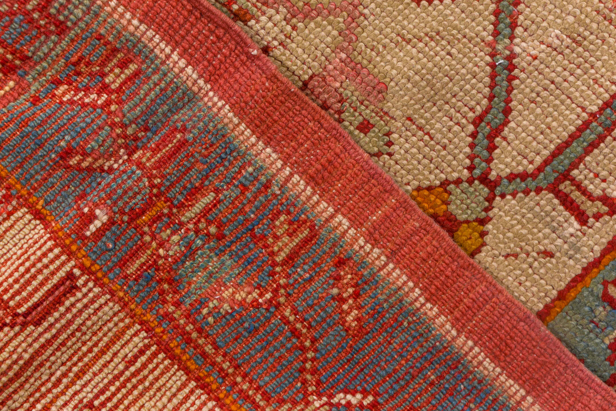 18' x 26' one-of-a-kind handmade antique Oushak oversize rug. Color palette: red, ivory, pale blue, gold, rust, coral, sage