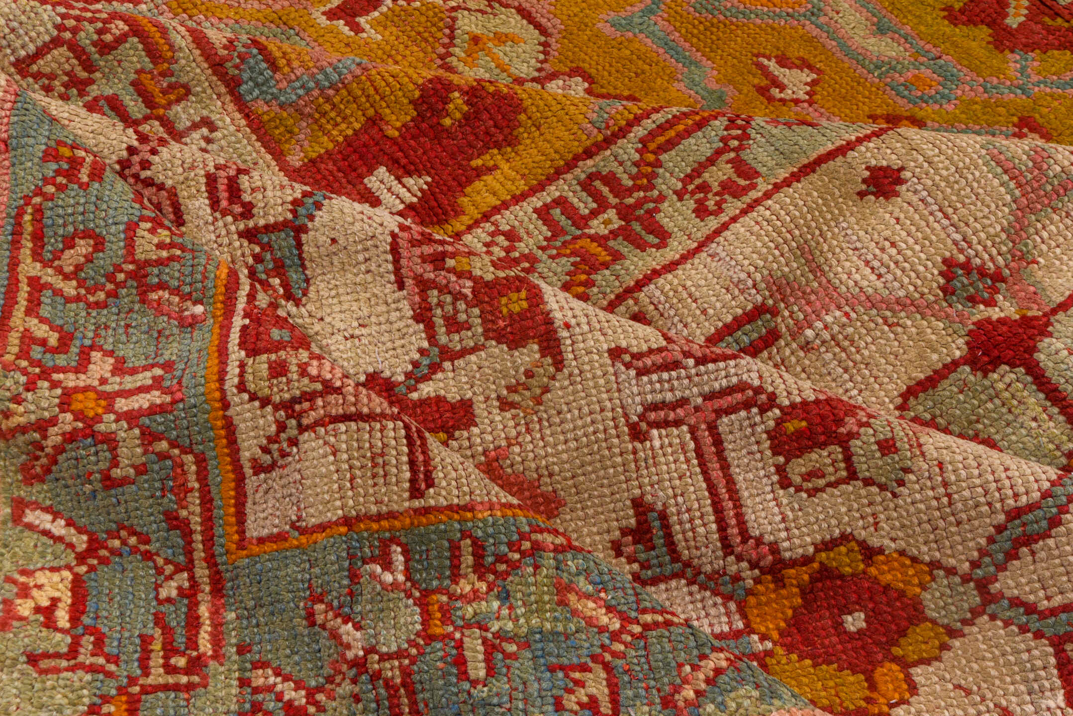 18' x 26' one-of-a-kind handmade antique Oushak oversize rug. Color palette: red, ivory, pale blue, gold, rust, coral, sage