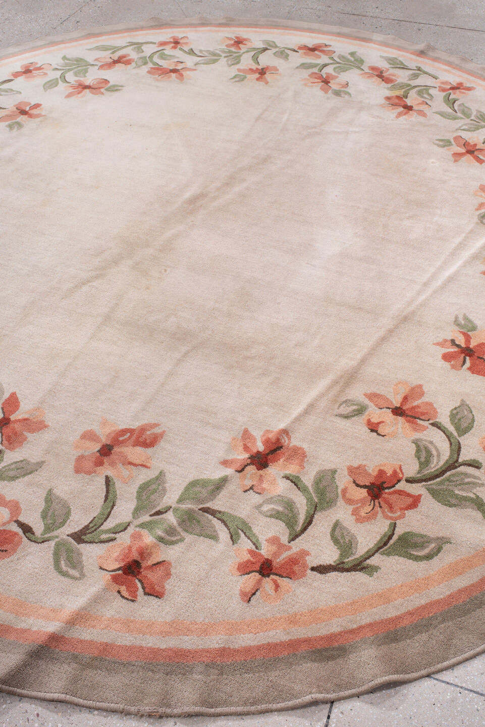 10' x 10' one-of-a-kind handmade antique European large size rug. Color palette: blush, ivory, sage, coral, taupe, pink