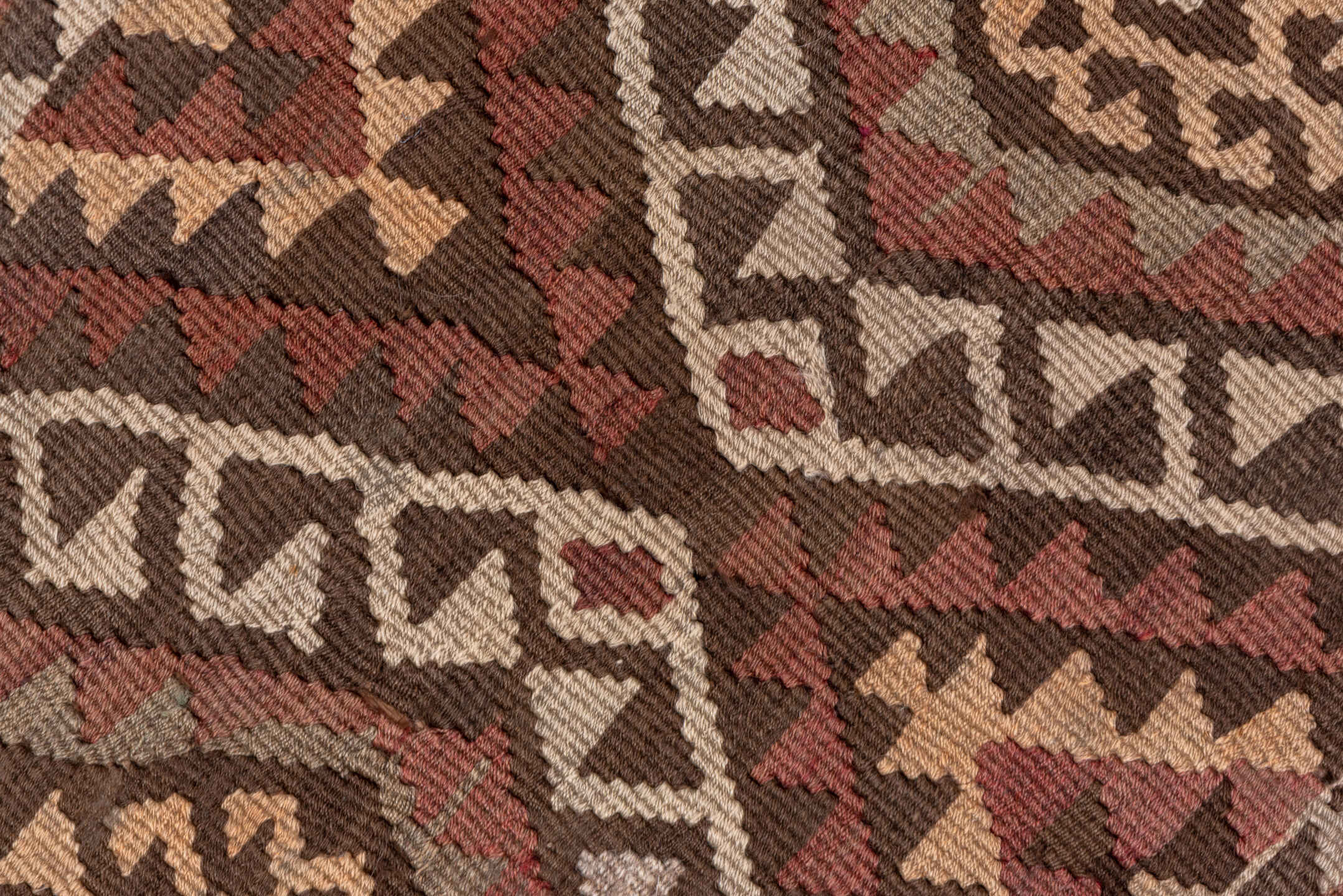 4' x 11' one-of-a-kind handmade vintage Kilim runner rug. Color palette: rose, rust, brown, ivory, taupe, mauve, pink, red