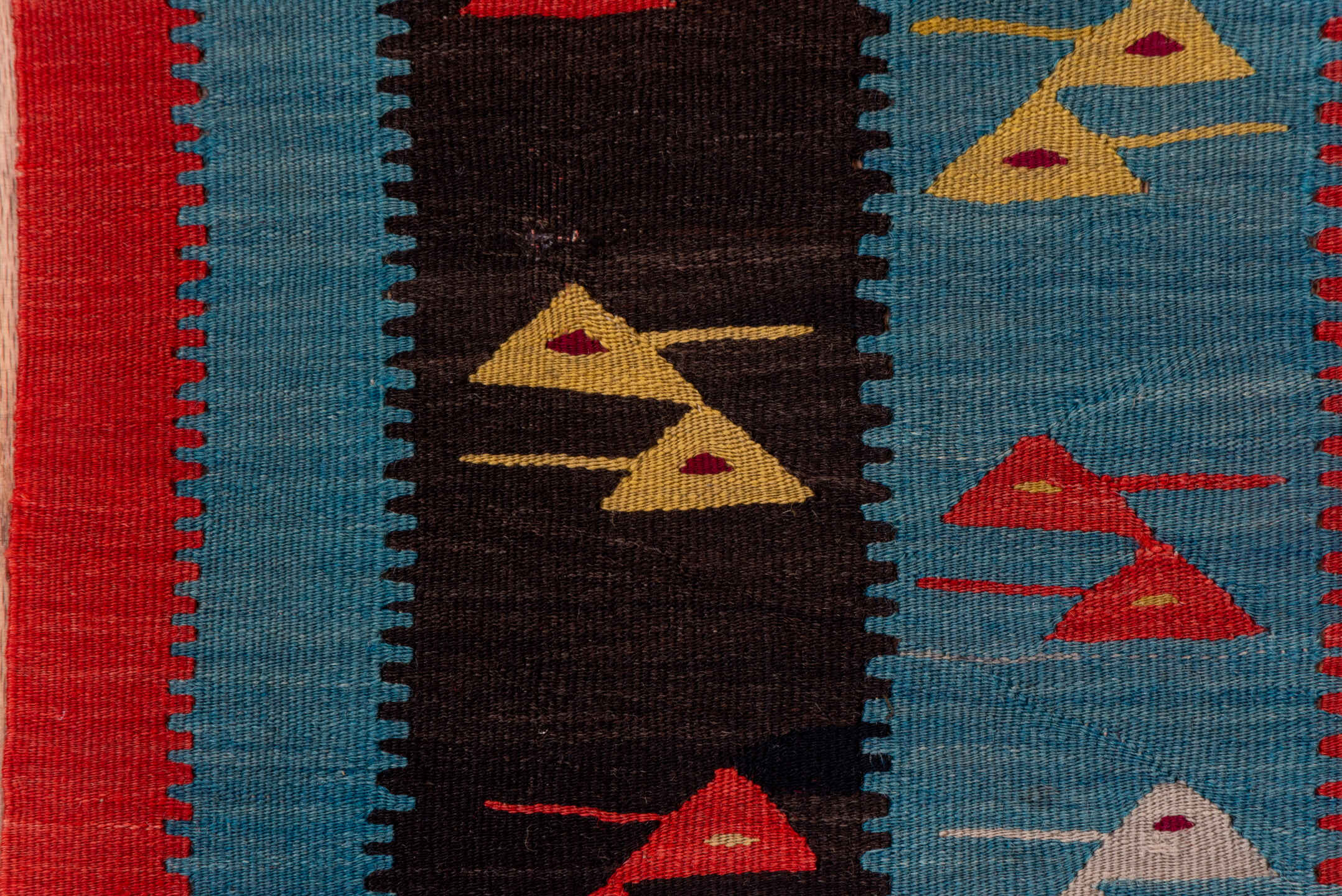 3' x 5' one-of-a-kind handmade antique Kilim small size rug. Color palette: coral, sky_blue, espresso, red, ivory