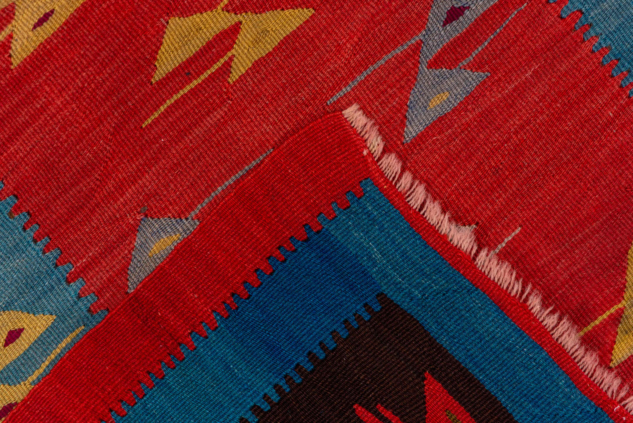 3' x 5' one-of-a-kind handmade antique Kilim small size rug. Color palette: coral, sky_blue, espresso, red, ivory