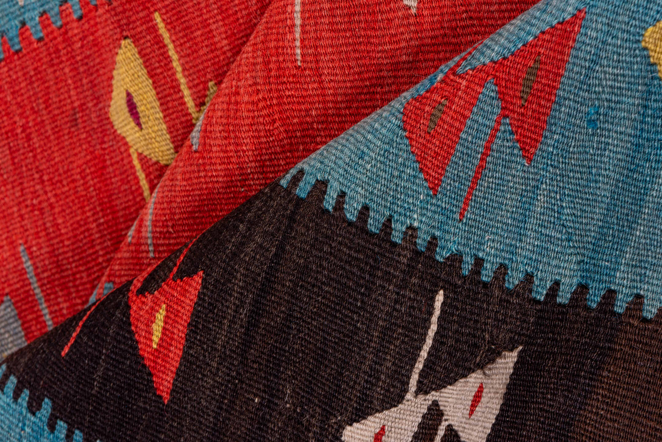 3' x 5' one-of-a-kind handmade antique Kilim small size rug. Color palette: coral, sky_blue, espresso, red, ivory