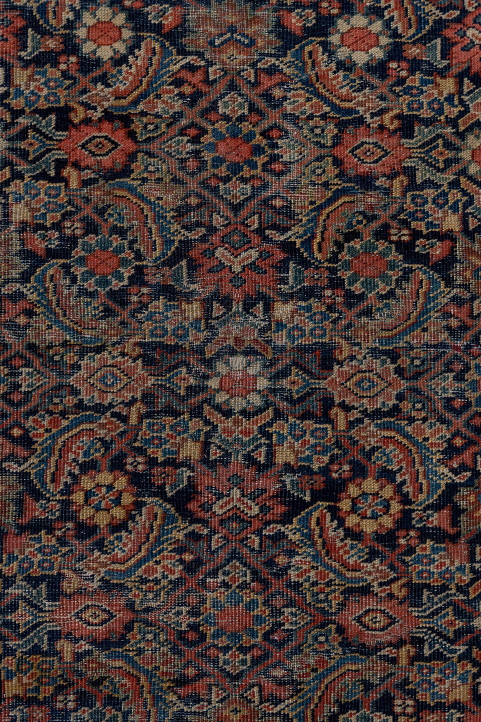 5' x 9' one-of-a-kind handmade antique Farahan medium size rug. Color palette: navy, olive, rust, ivory, terra cotta, sage