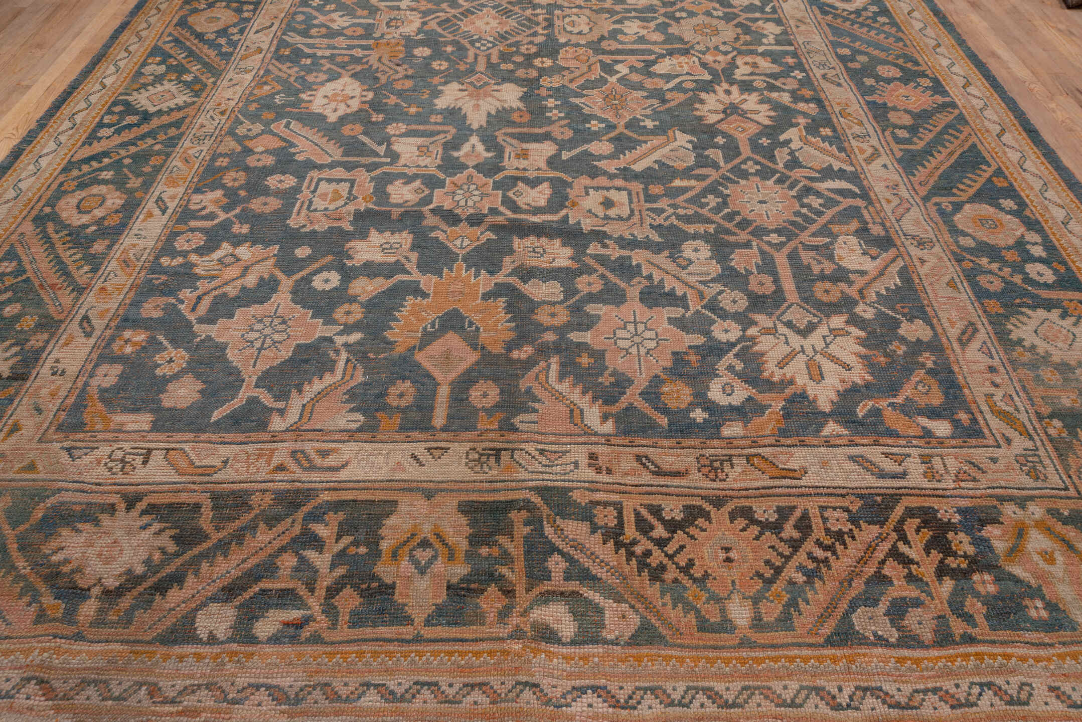 10' x 13' one-of-a-kind handmade antique Oushak large size rug. Color palette: blue, ivory, peach, taupe, gold, camel, slate