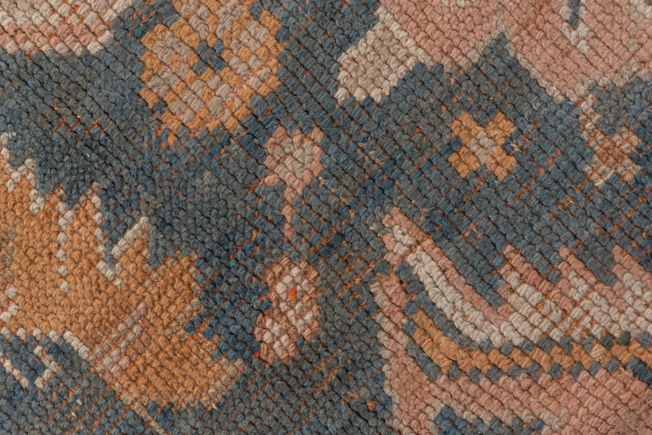 10' x 13' one-of-a-kind handmade antique Oushak large size rug. Color palette: blue, ivory, peach, taupe, gold, camel, slate