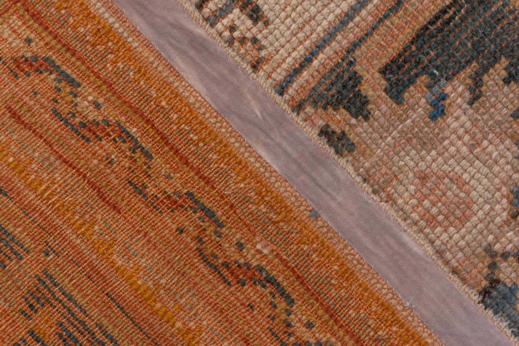 10' x 13' one-of-a-kind handmade antique Oushak large size rug. Color palette: blue, ivory, peach, taupe, gold, camel, slate
