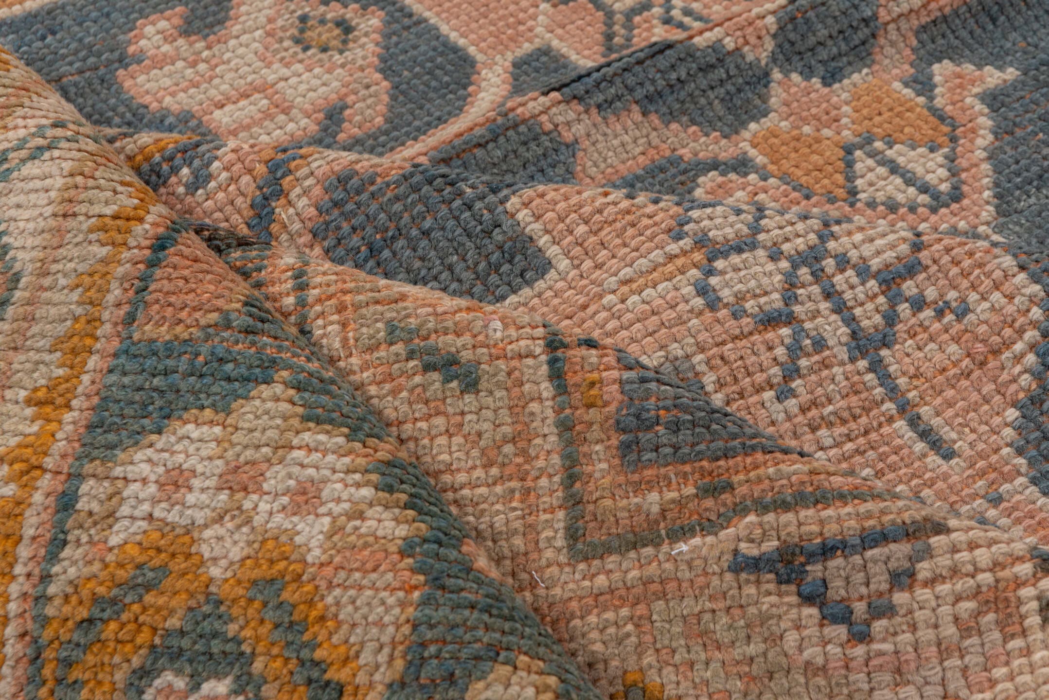 10' x 13' one-of-a-kind handmade antique Oushak large size rug. Color palette: blue, ivory, peach, taupe, gold, camel, slate