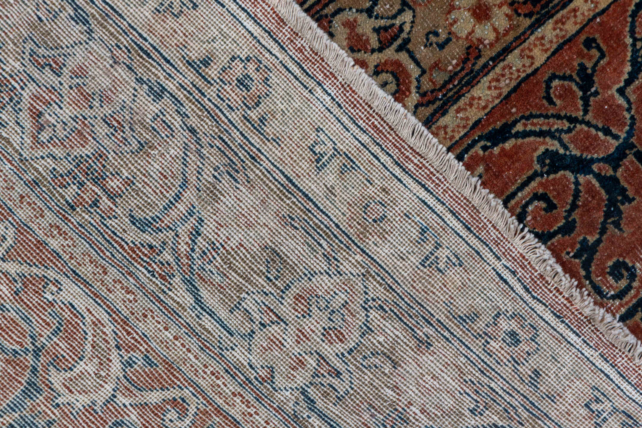 10' x 14' one-of-a-kind handmade antique Tabriz large size rug. Color palette: ivory, terra cotta, taupe, brown, charcoal