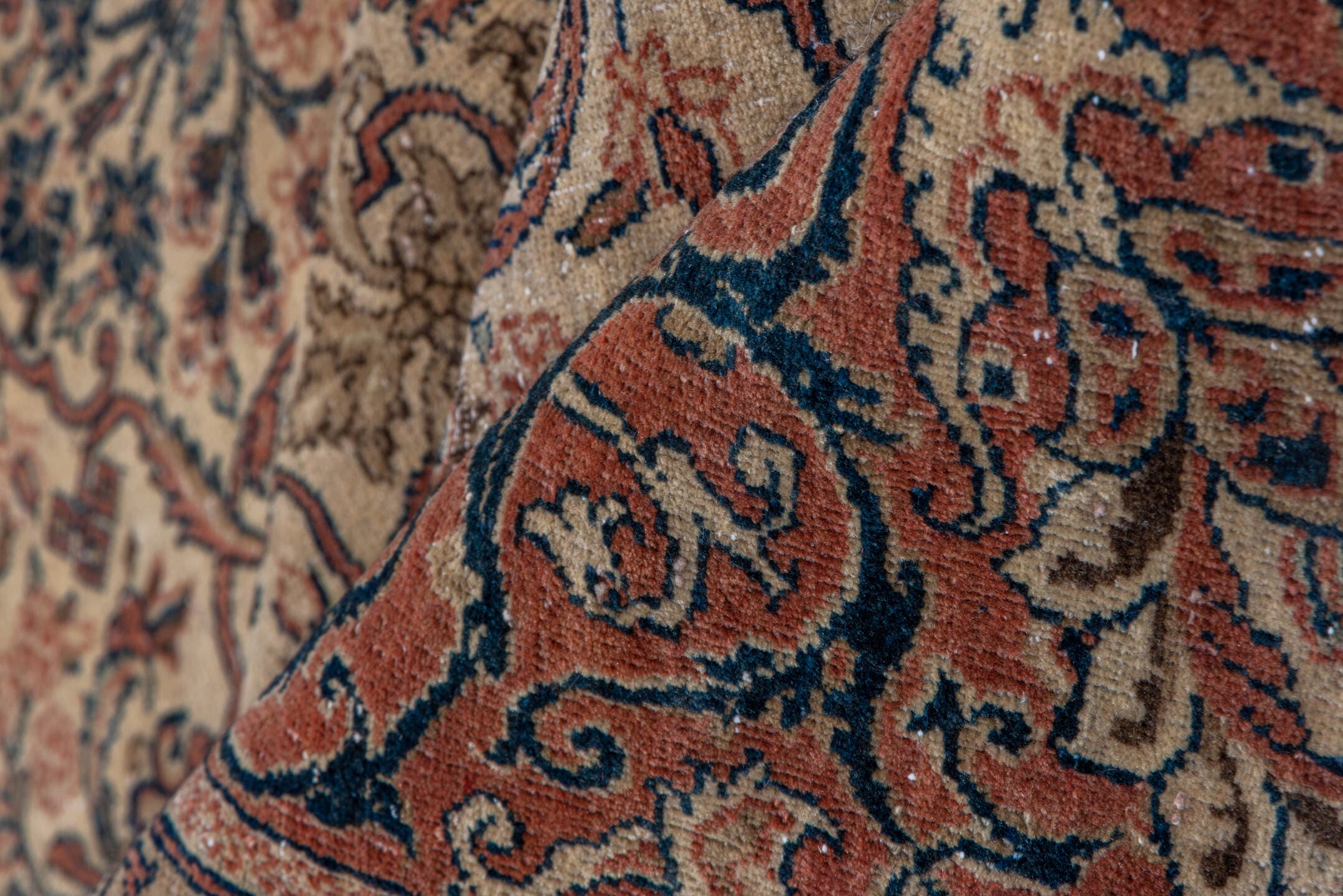 10' x 14' one-of-a-kind handmade antique Tabriz large size rug. Color palette: ivory, terra cotta, taupe, brown, charcoal