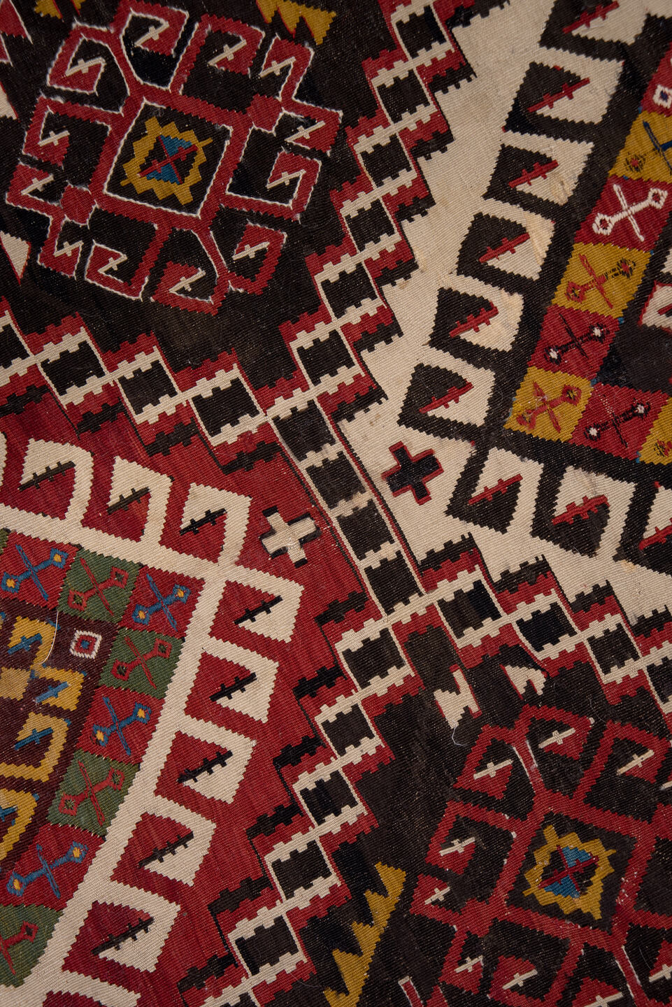 6' x 10' one-of-a-kind handmade vintage Kilim large size rug. Color palette: burgundy, ivory, rust, gold, navy, blue, olive