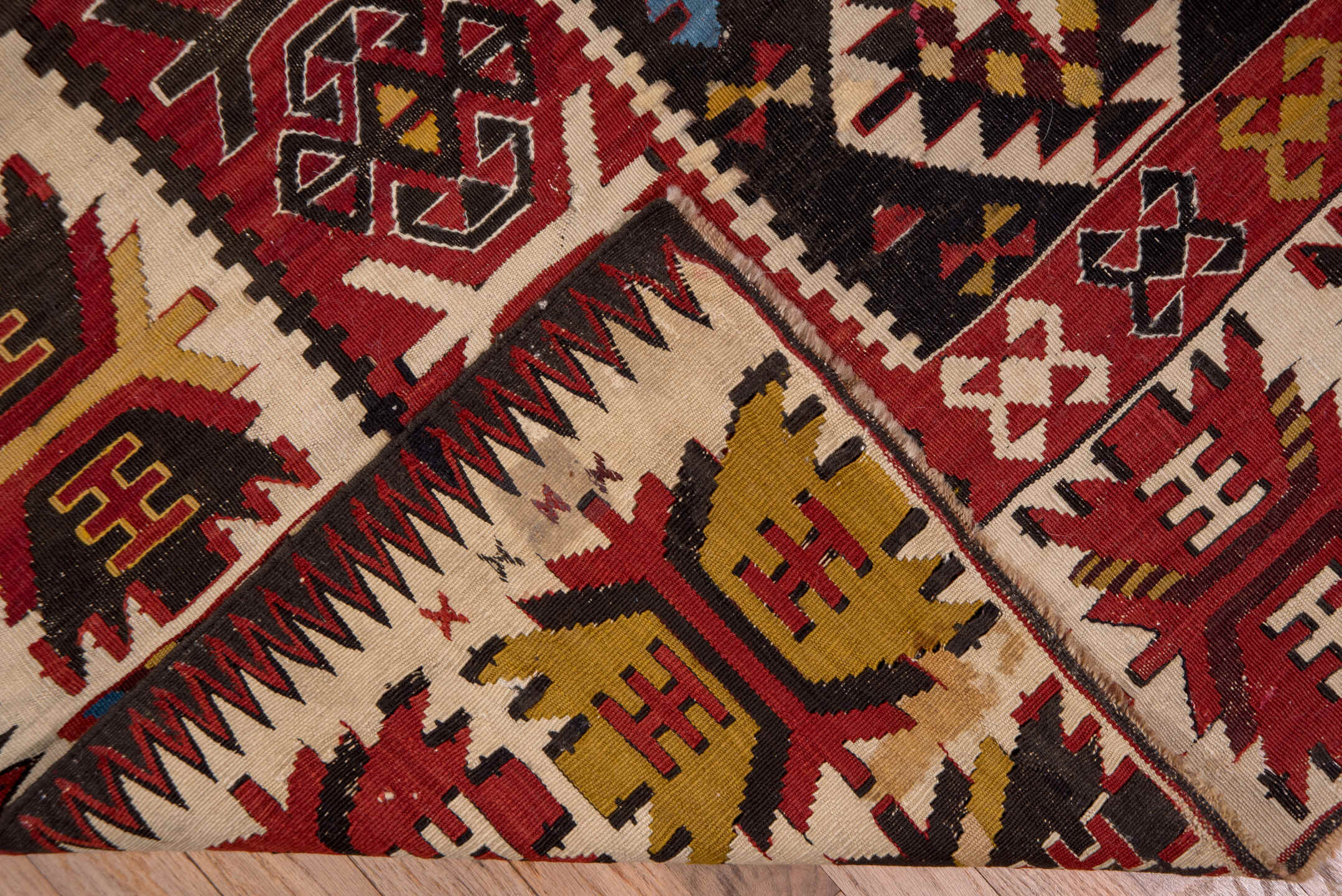 6' x 10' one-of-a-kind handmade vintage Kilim large size rug. Color palette: burgundy, ivory, rust, gold, navy, blue, olive