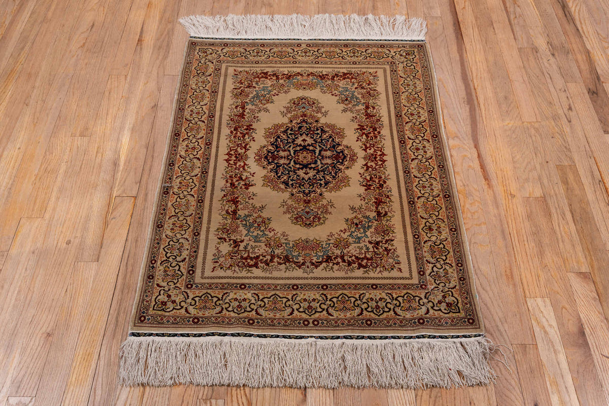 2' x 3' one-of-a-kind handmade vintage Hereke small size rug. Color palette: ivory, navy, burgundy, camel, gold, powder_blue