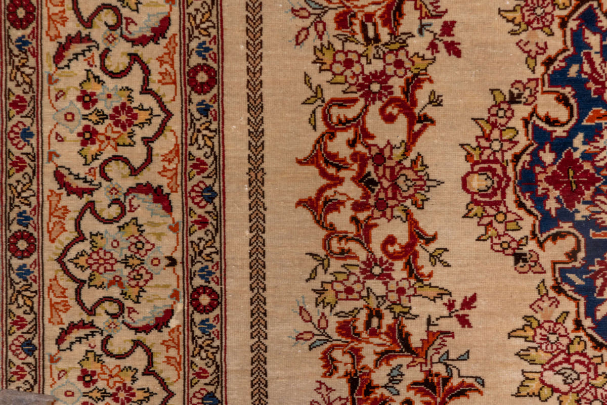 2' x 3' one-of-a-kind handmade vintage Hereke small size rug. Color palette: ivory, navy, burgundy, camel, gold, powder_blue
