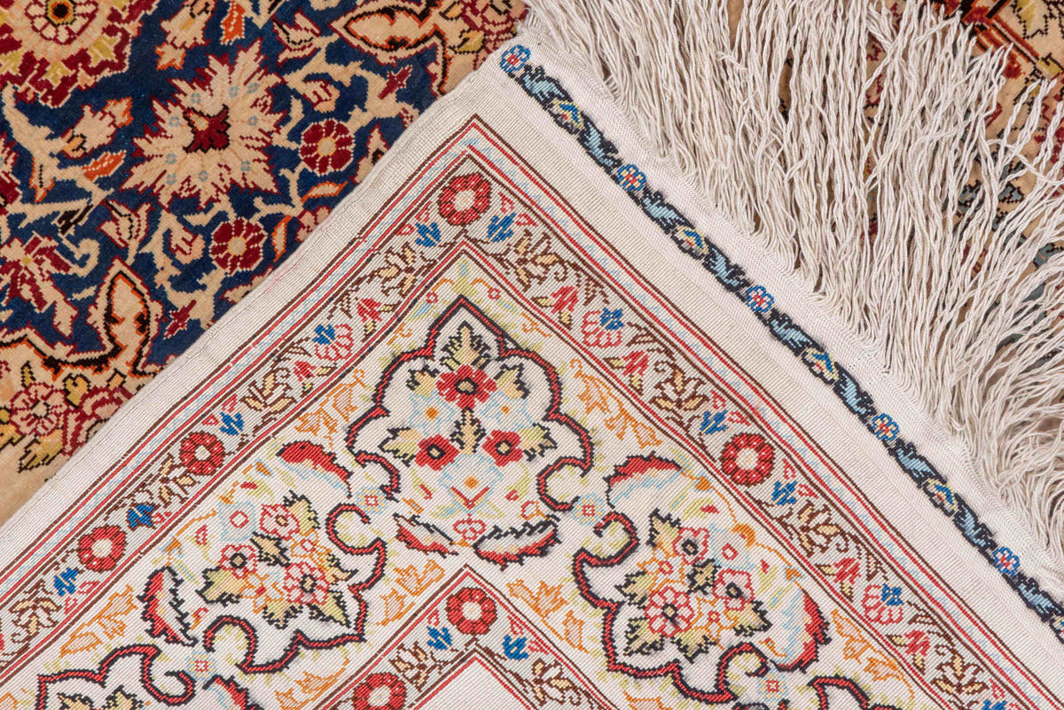 2' x 3' one-of-a-kind handmade vintage Hereke small size rug. Color palette: ivory, navy, burgundy, camel, gold, powder_blue