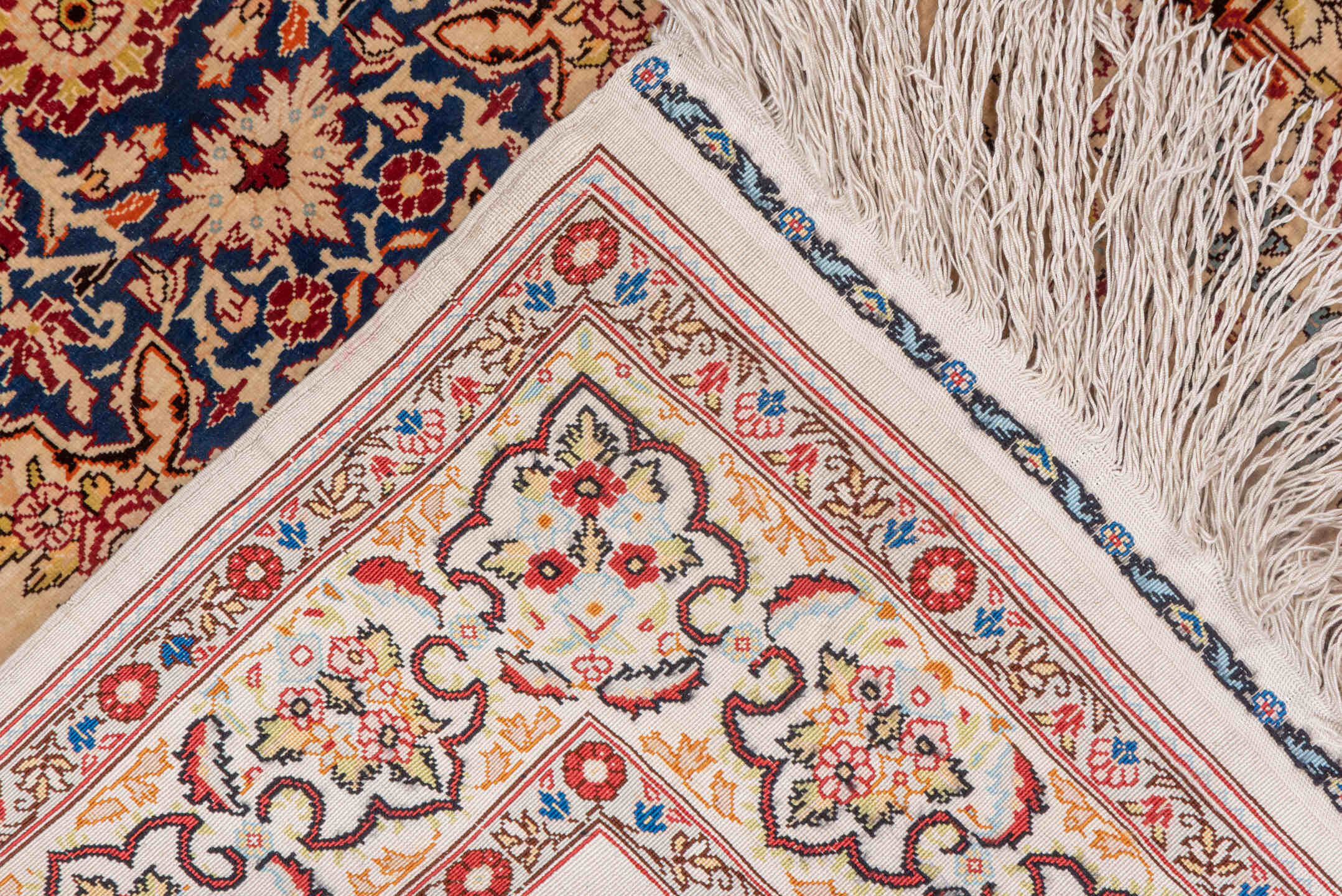 2' x 3' one-of-a-kind handmade vintage Hereke small size rug. Color palette: ivory, navy, burgundy, camel, gold, powder_blue