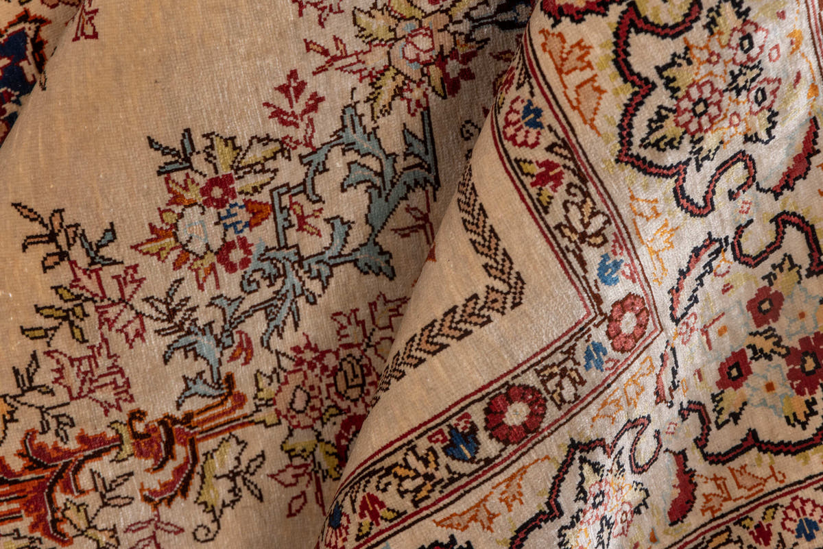 2' x 3' one-of-a-kind handmade vintage Hereke small size rug. Color palette: ivory, navy, burgundy, camel, gold, powder_blue