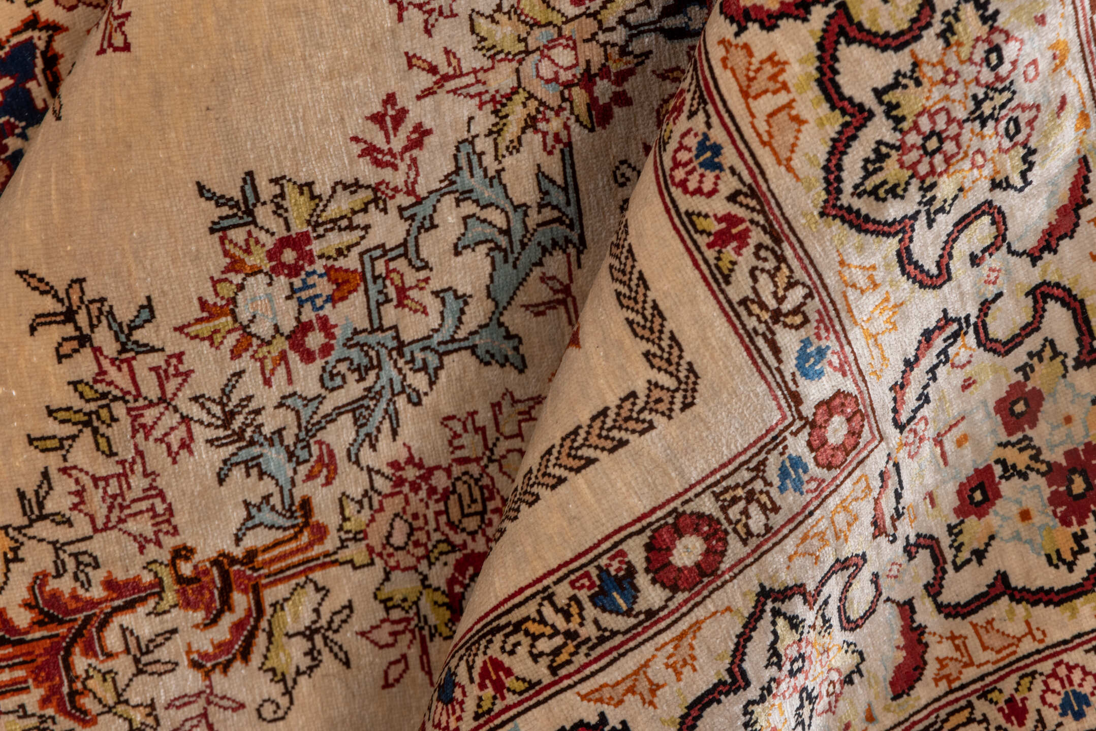 2' x 3' one-of-a-kind handmade vintage Hereke small size rug. Color palette: ivory, navy, burgundy, camel, gold, powder_blue