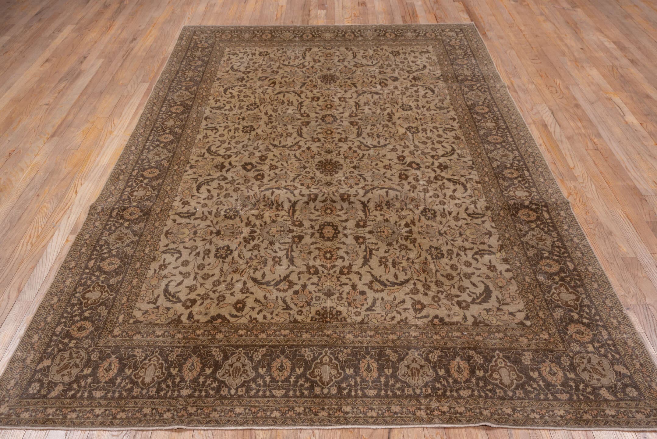 6' x 10' one-of-a-kind handmade antique Sivas large size rug. Color palette: brown, ivory, taupe, camel, charcoal, beige