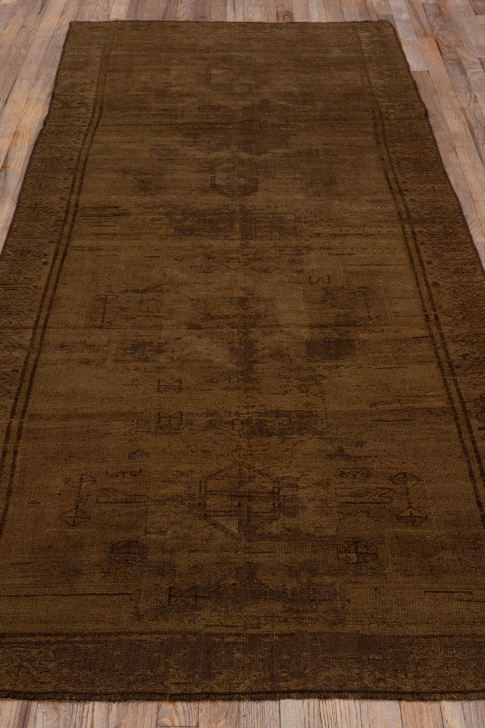 3' x 9' one-of-a-kind handmade antique Overdyed runner rug. Color palette: brown, camel, taupe, mahogany, beige, gray, red