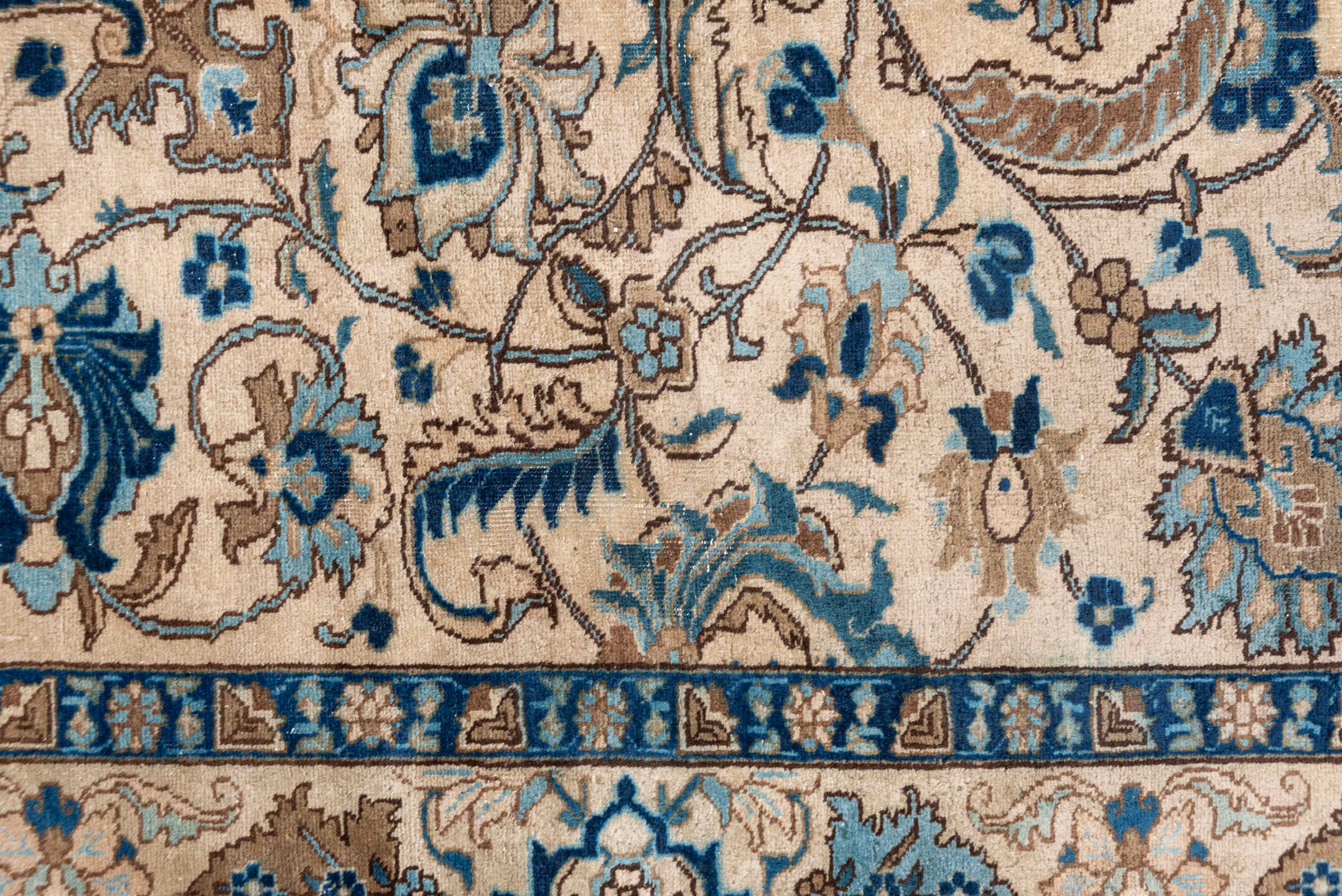 6' x 8' one-of-a-kind handmade antique Tabriz medium size rug. Color palette: ivory, sky blue, navy, taupe, camel, brown