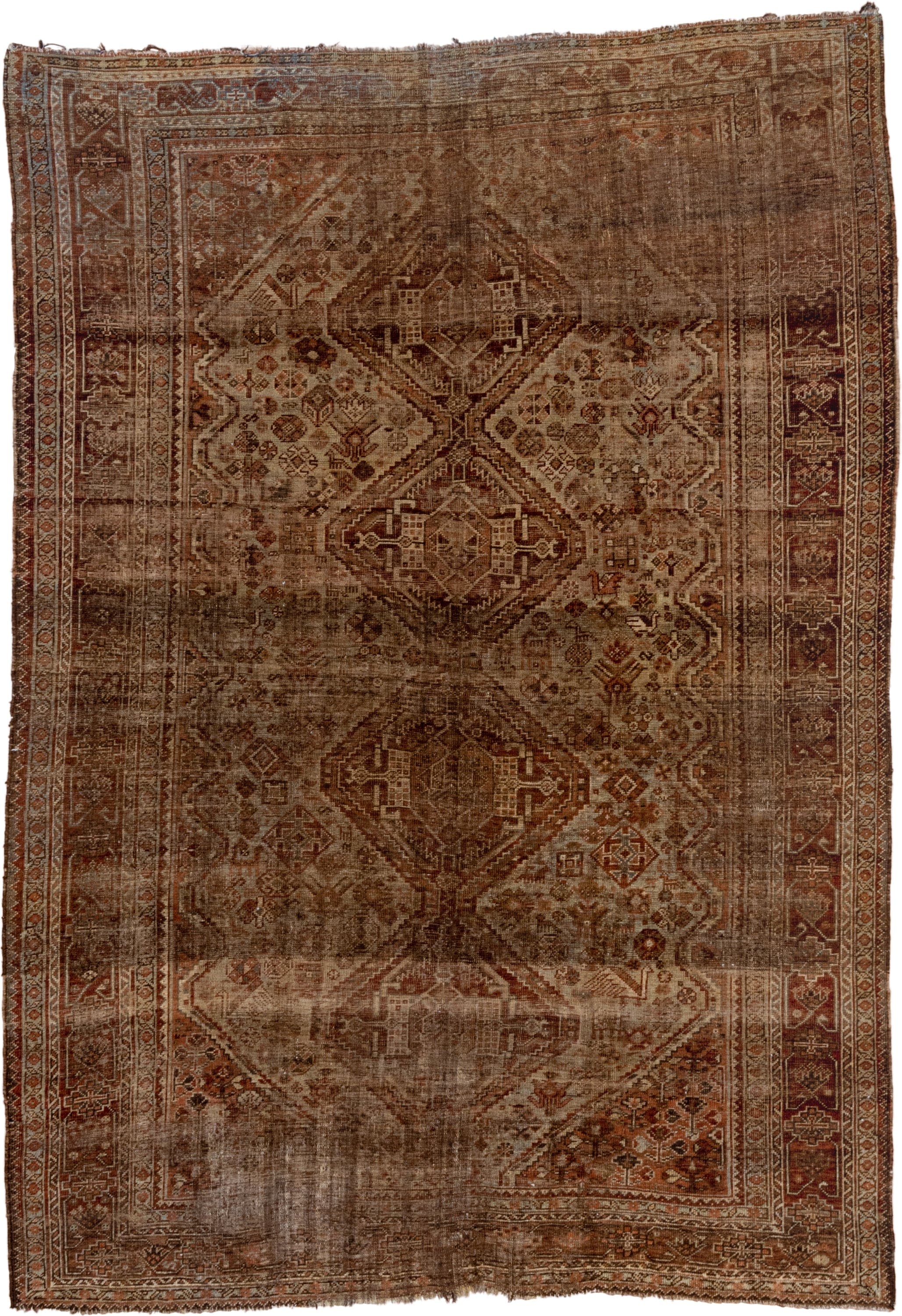 6' x 9' one-of-a-kind handmade antique Shiraz large size rug. Color palette: brown, rust, camel, ivory, taupe, mahogany