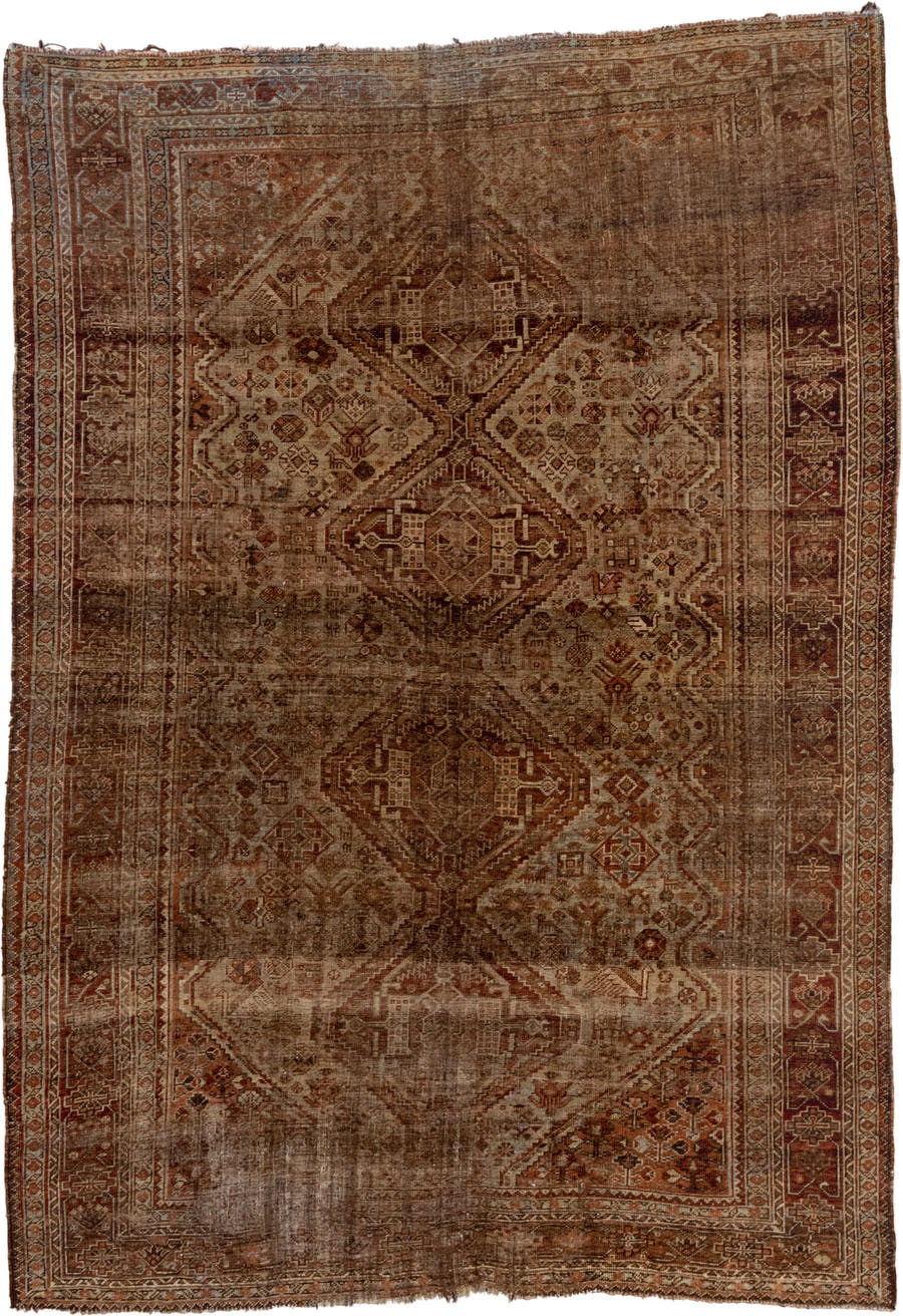 6' x 9' one-of-a-kind handmade antique Shiraz large size rug. Color palette: brown, rust, camel, ivory, taupe, mahogany