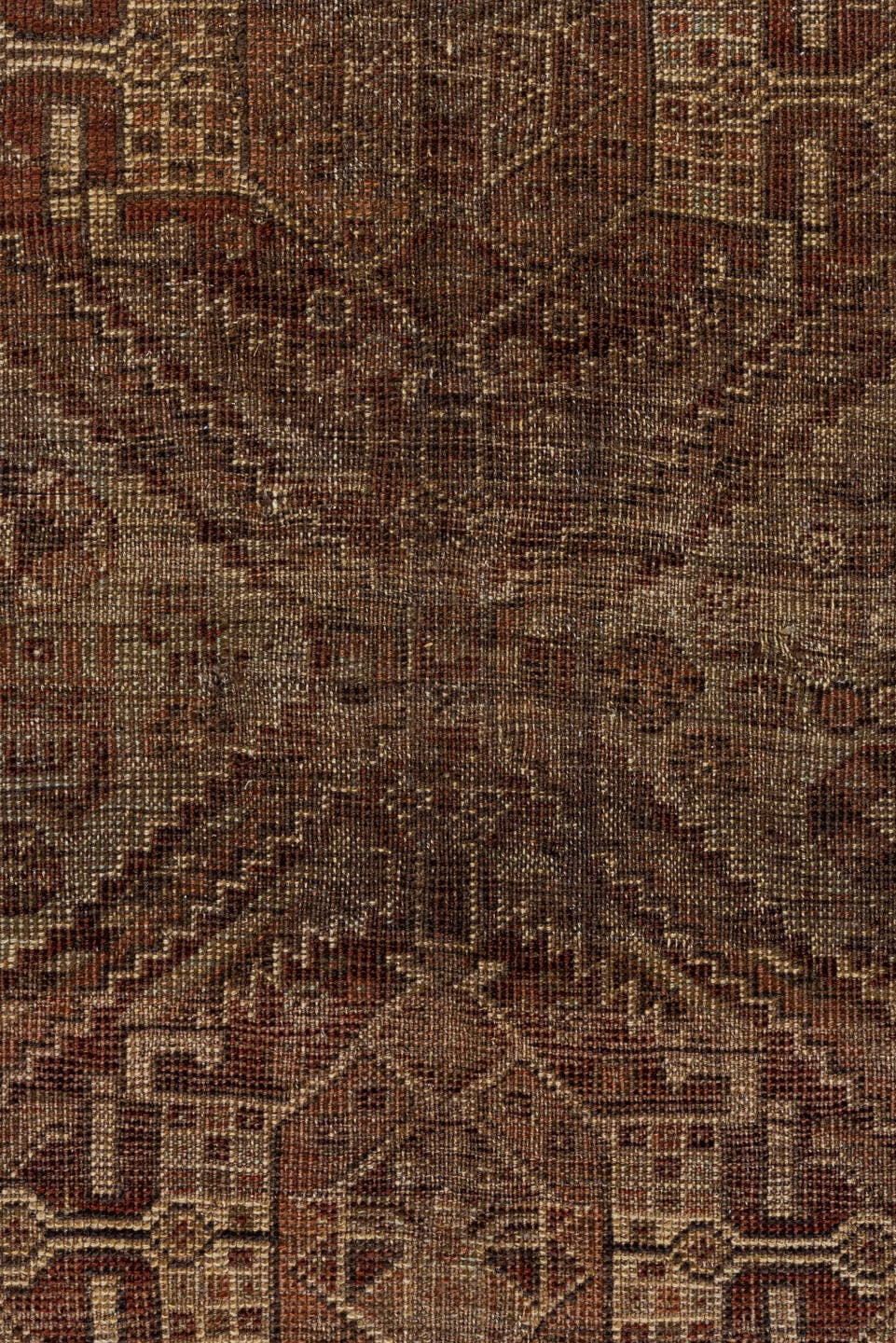 6' x 9' one-of-a-kind handmade antique Shiraz large size rug. Color palette: brown, rust, camel, ivory, taupe, mahogany
