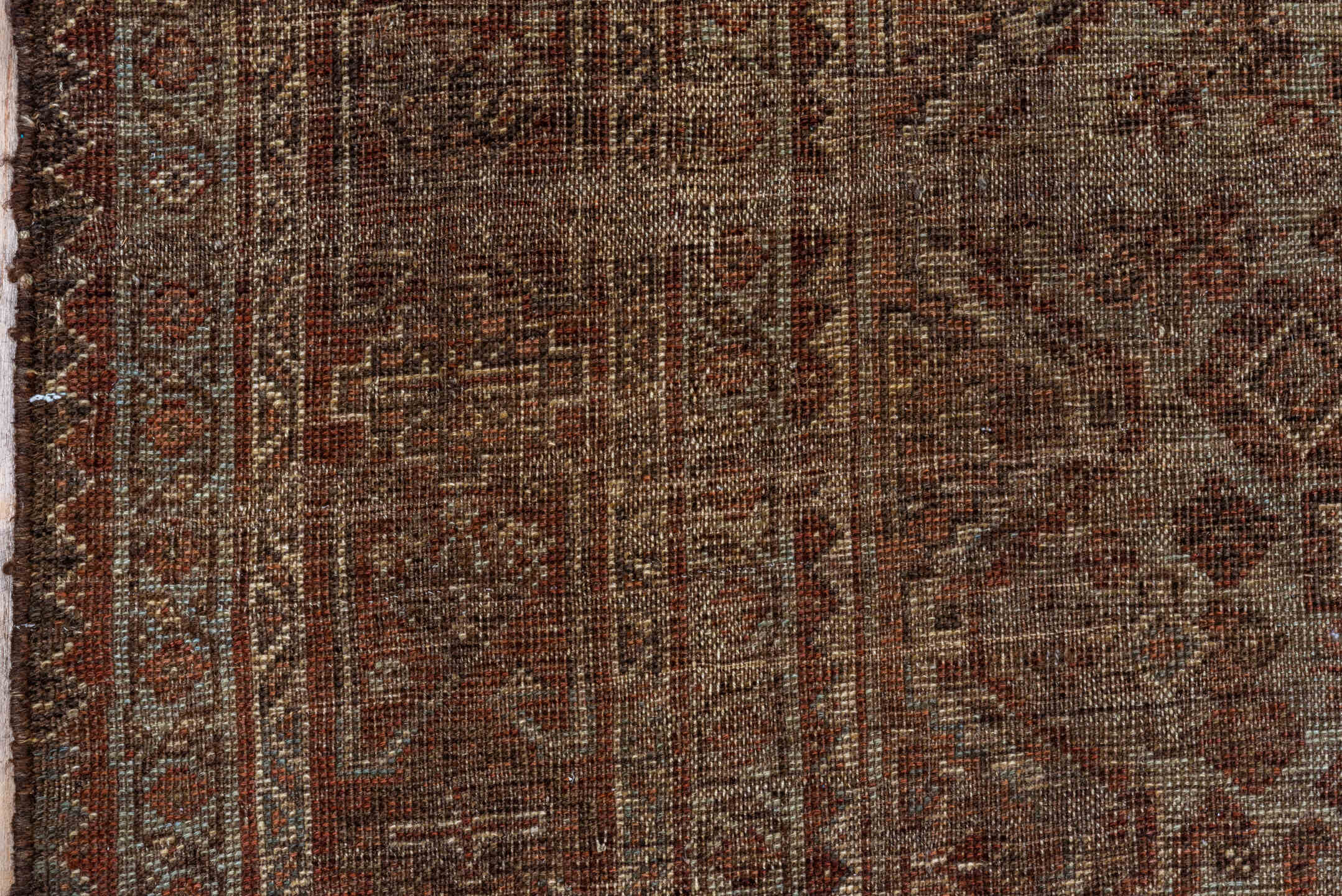 6' x 9' one-of-a-kind handmade antique Shiraz large size rug. Color palette: brown, rust, camel, ivory, taupe, mahogany