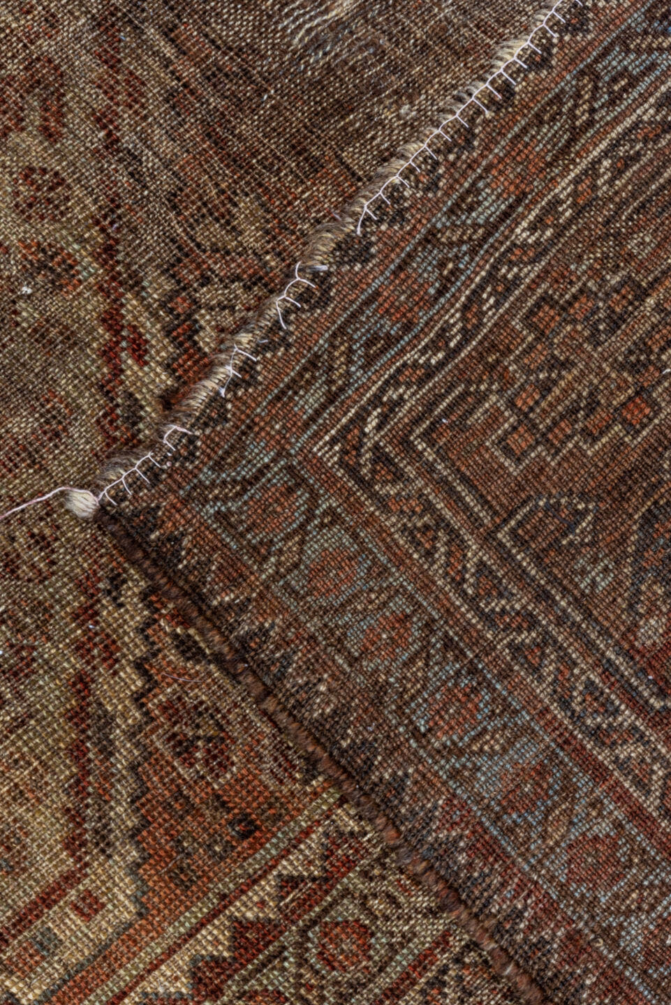 6' x 9' one-of-a-kind handmade antique Shiraz large size rug. Color palette: brown, rust, camel, ivory, taupe, mahogany