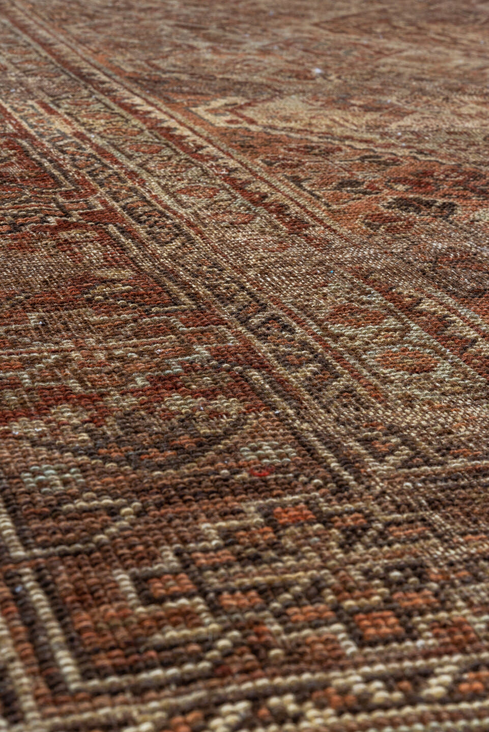 6' x 9' one-of-a-kind handmade antique Shiraz large size rug. Color palette: brown, rust, camel, ivory, taupe, mahogany
