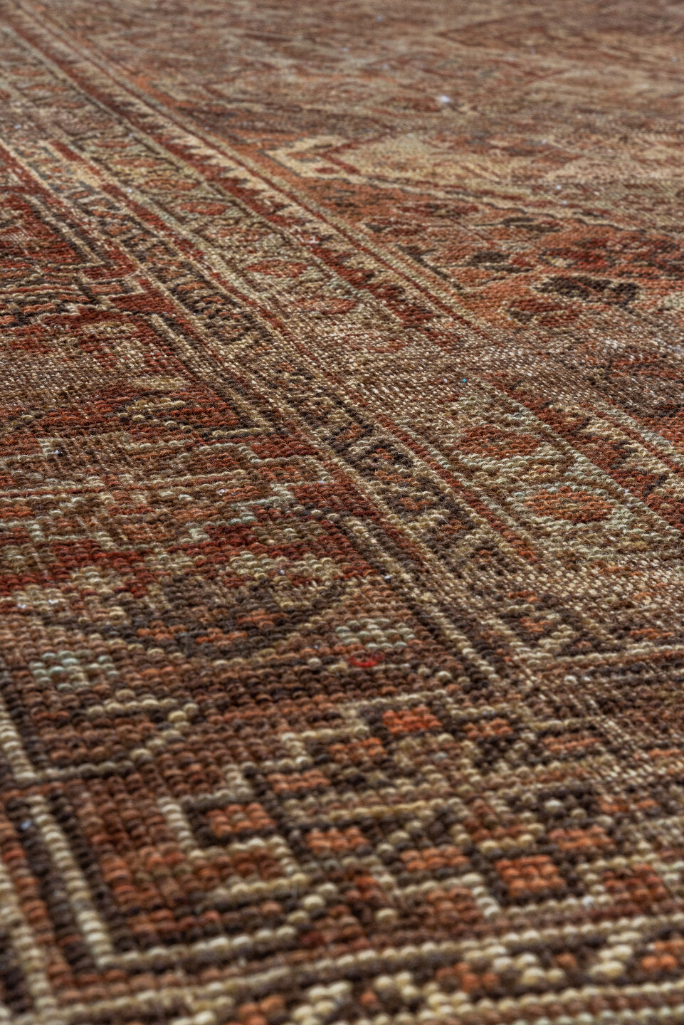 6' x 9' one-of-a-kind handmade antique Shiraz large size rug. Color palette: brown, rust, camel, ivory, taupe, mahogany