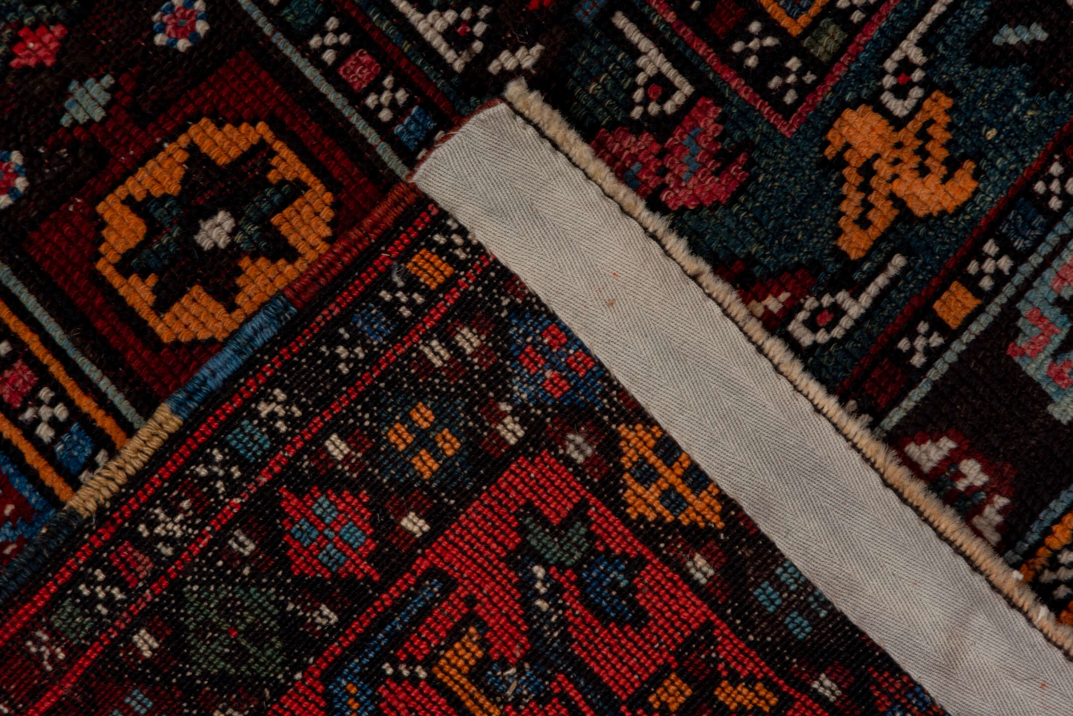 4' x 5' one-of-a-kind handmade vintage Shirvan small size rug. Color palette: black, blue, brown, dim gray, fiord