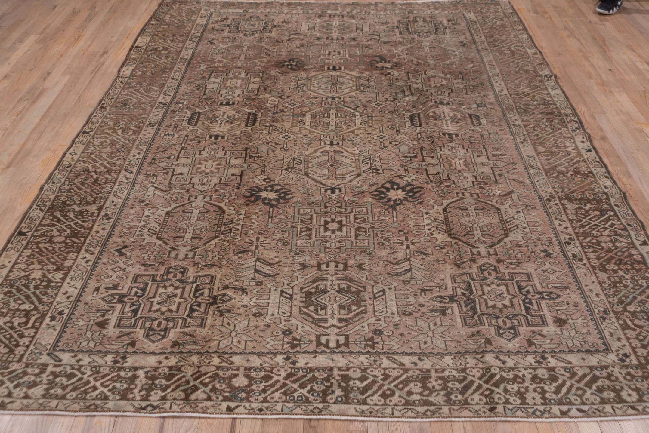 7' x 10' one-of-a-kind handmade antique Karaje large size rug. Color palette: taupe, rose, brown, ivory, charcoal, slate