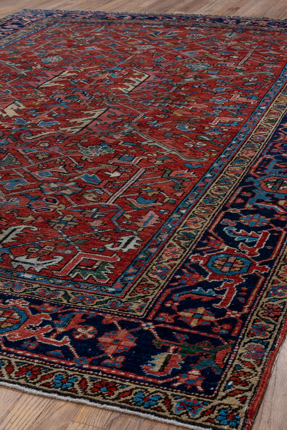 7' x 10' one-of-a-kind handmade vintage Heriz large size rug. Color palette: black, blue, brown, fiord, gray, off-white