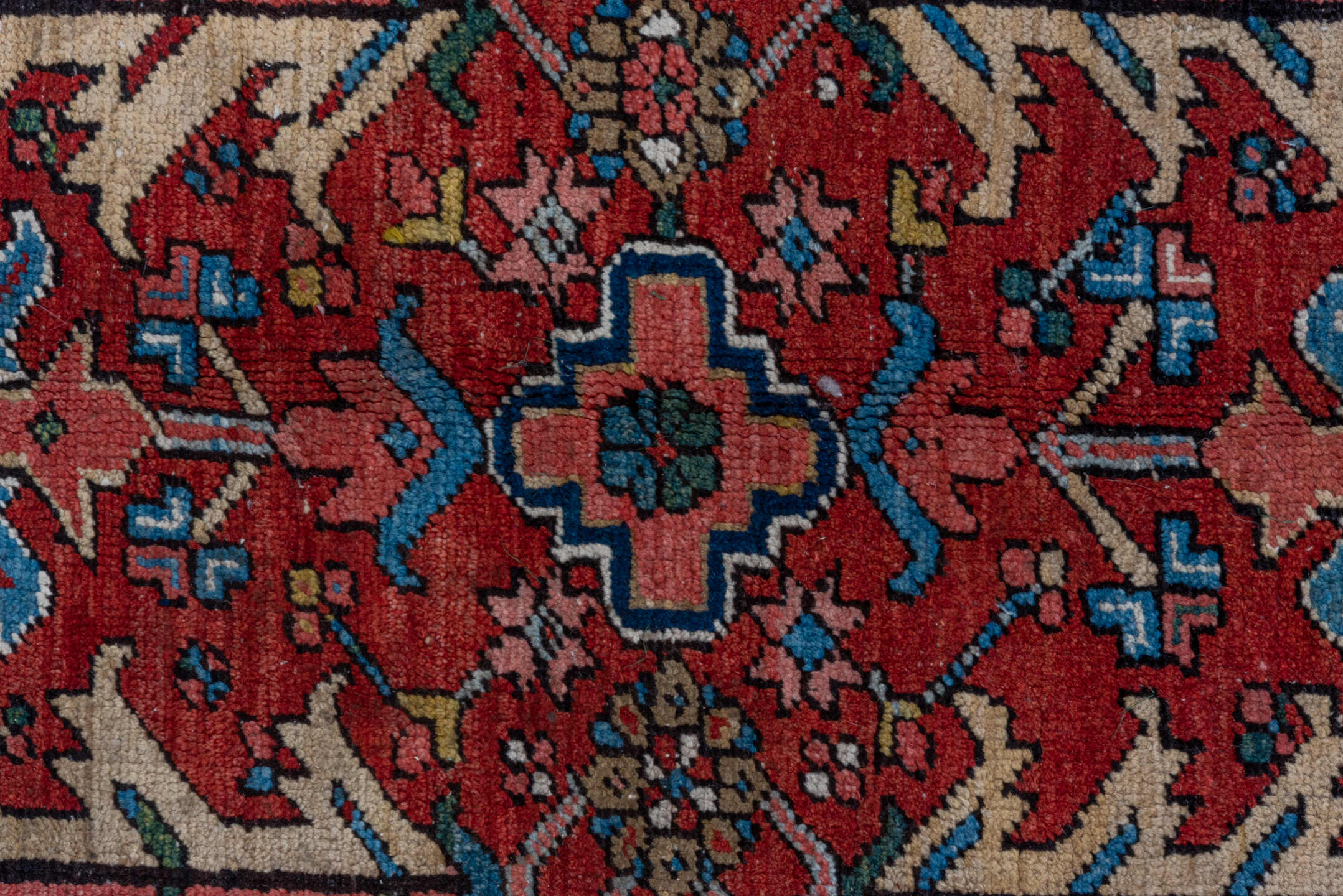 7' x 10' one-of-a-kind handmade vintage Heriz large size rug. Color palette: black, blue, brown, fiord, gray, off-white