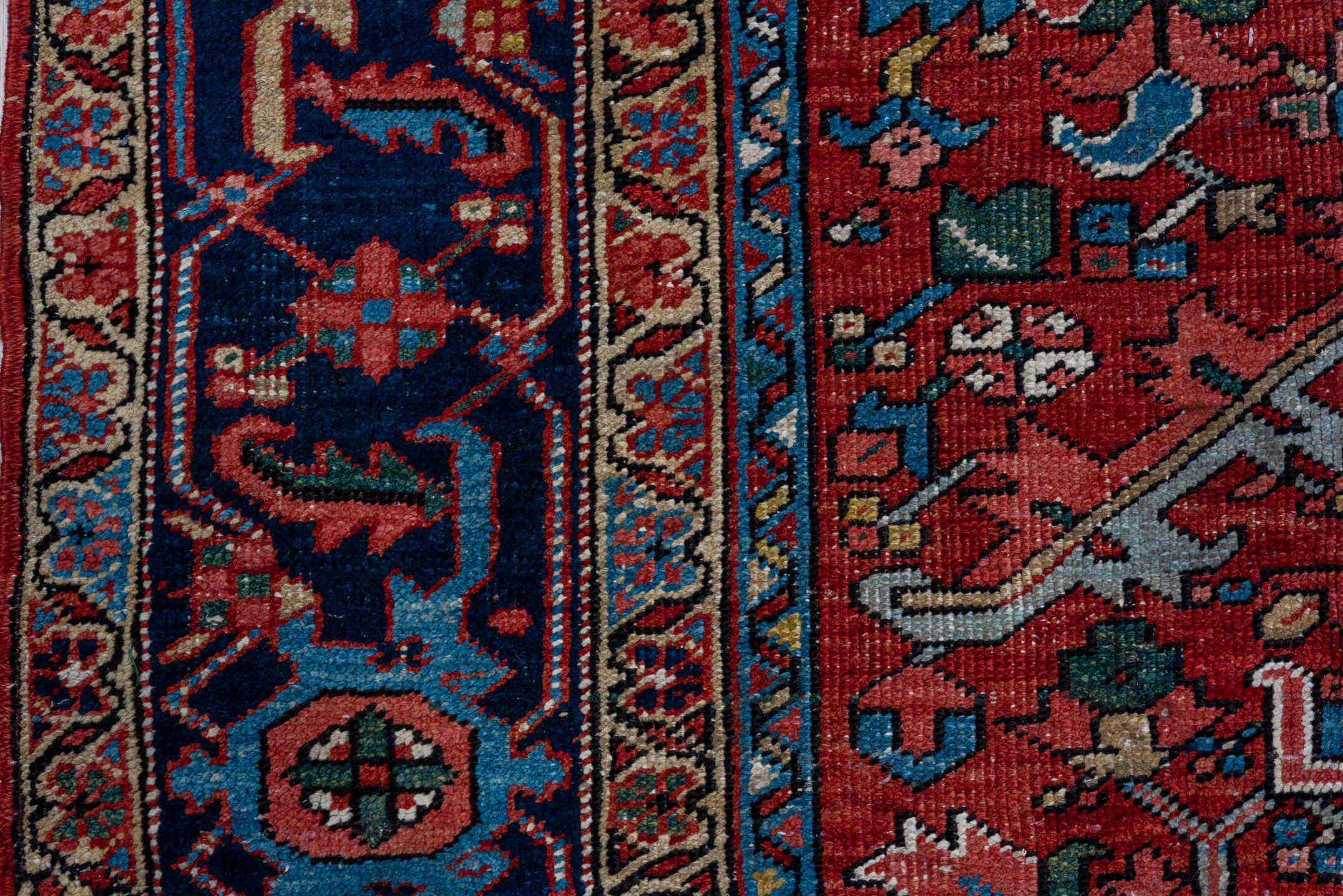 7' x 10' one-of-a-kind handmade vintage Heriz large size rug. Color palette: black, blue, brown, fiord, gray, off-white