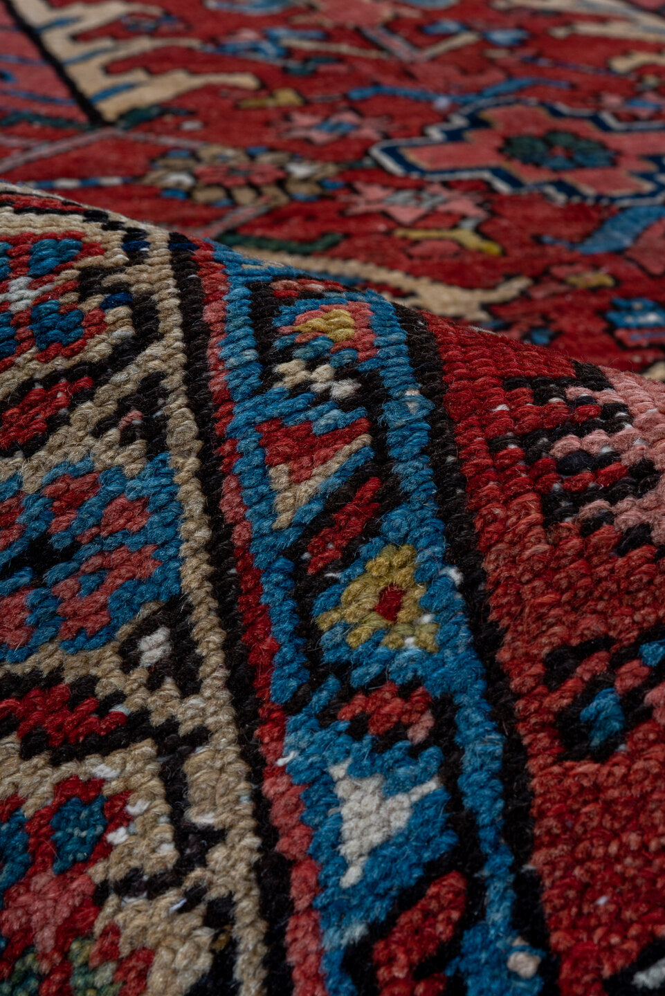 7' x 10' one-of-a-kind handmade vintage Heriz large size rug. Color palette: black, blue, brown, fiord, gray, off-white