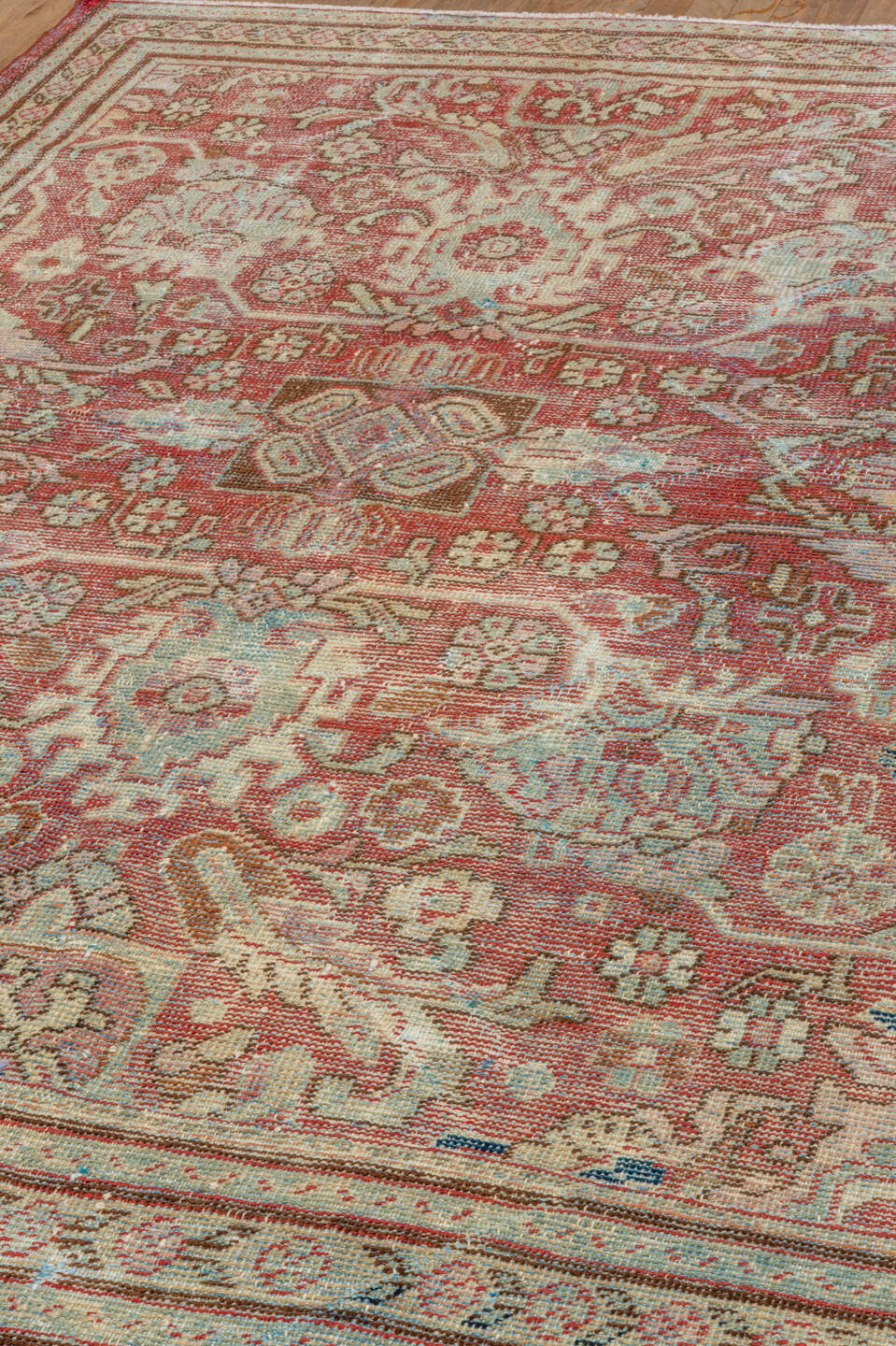 5' x 7' one-of-a-kind handmade antique Mahal rug. Color palette: red, ivory, beige, light blue, rust, taupe, brown